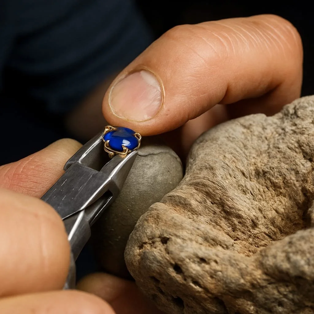 Jeweller carefully securing a blue gemstone into gold prongs using professional tools