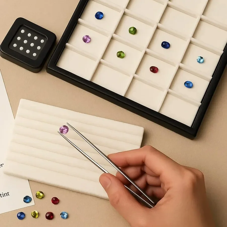 Selection of natural gemstones for bespoke engagement ring consultations at Layaz