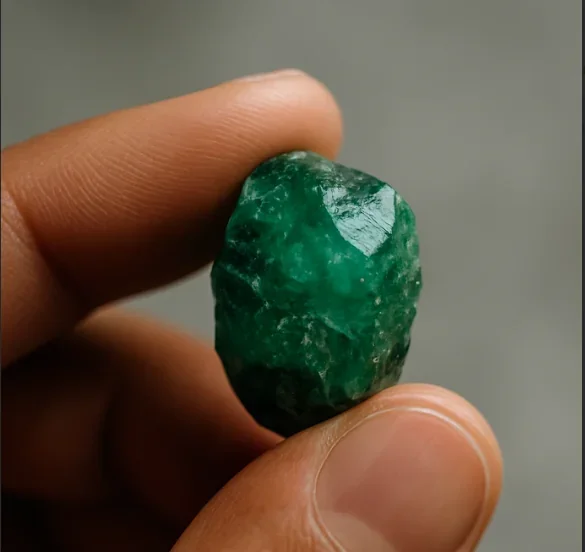 Close-up of a hand holding a natural rough emerald gemstone, symbolizing Layaz’s dedication to authenticity, ethical sourcing, and fine gemstone quality.