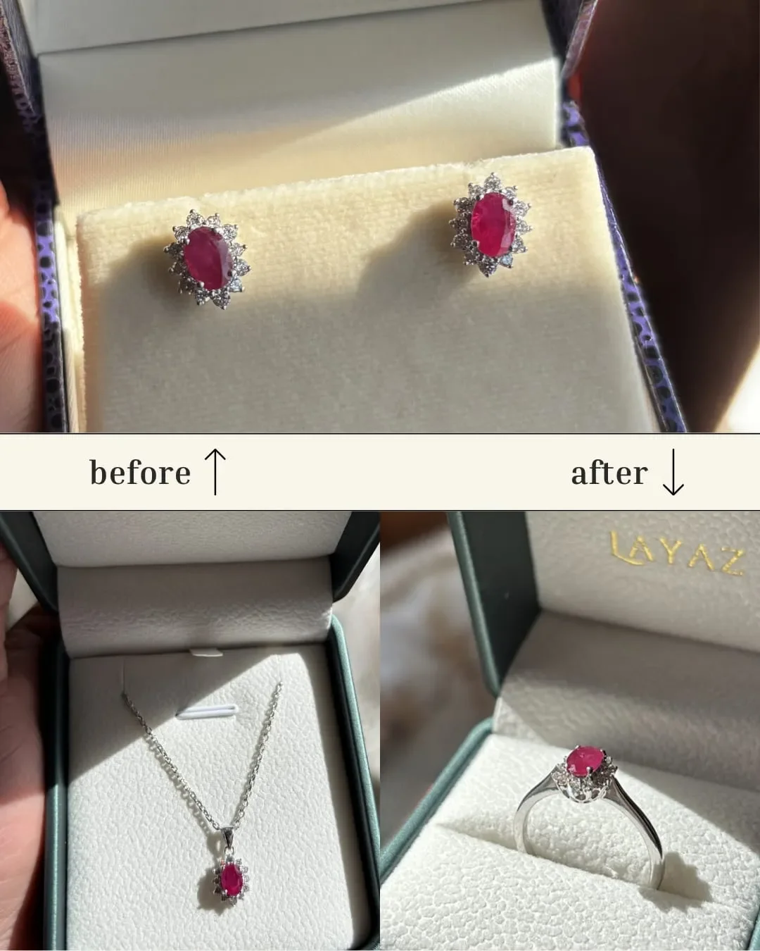Before-and-after ruby jewellery redesign, turning old ruby earrings into a pendant and ring.