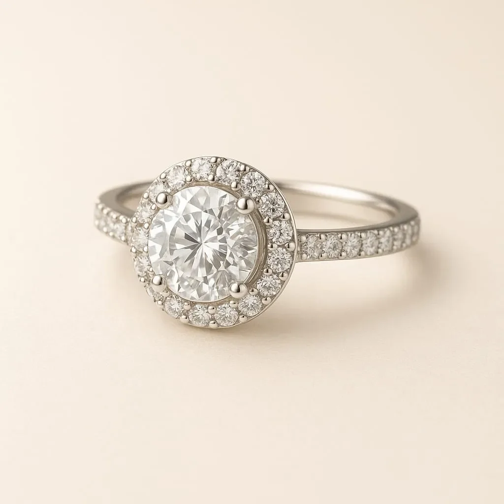 Halo diamond engagement ring with pavé band by Layaz New Zealand