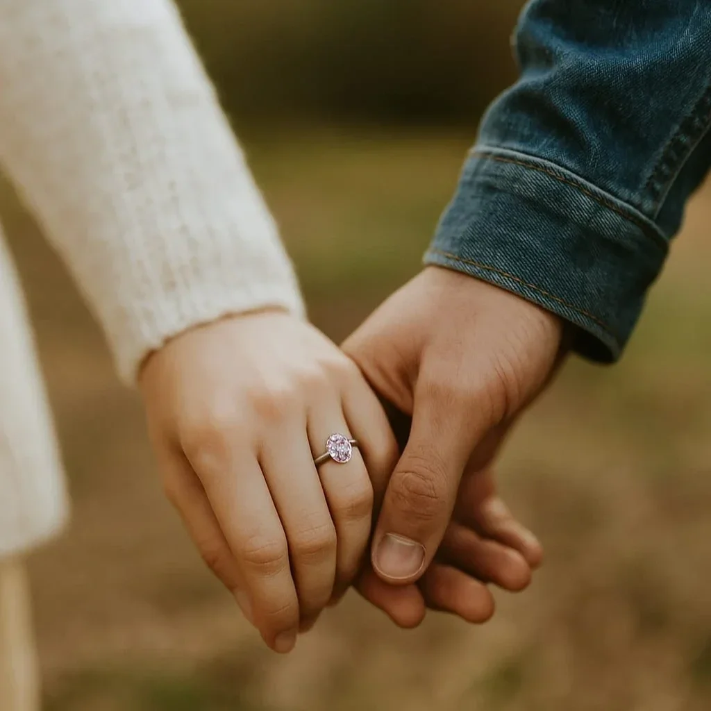 Engaged couple holding hands featuring custom Layaz pink sapphire engagement ring