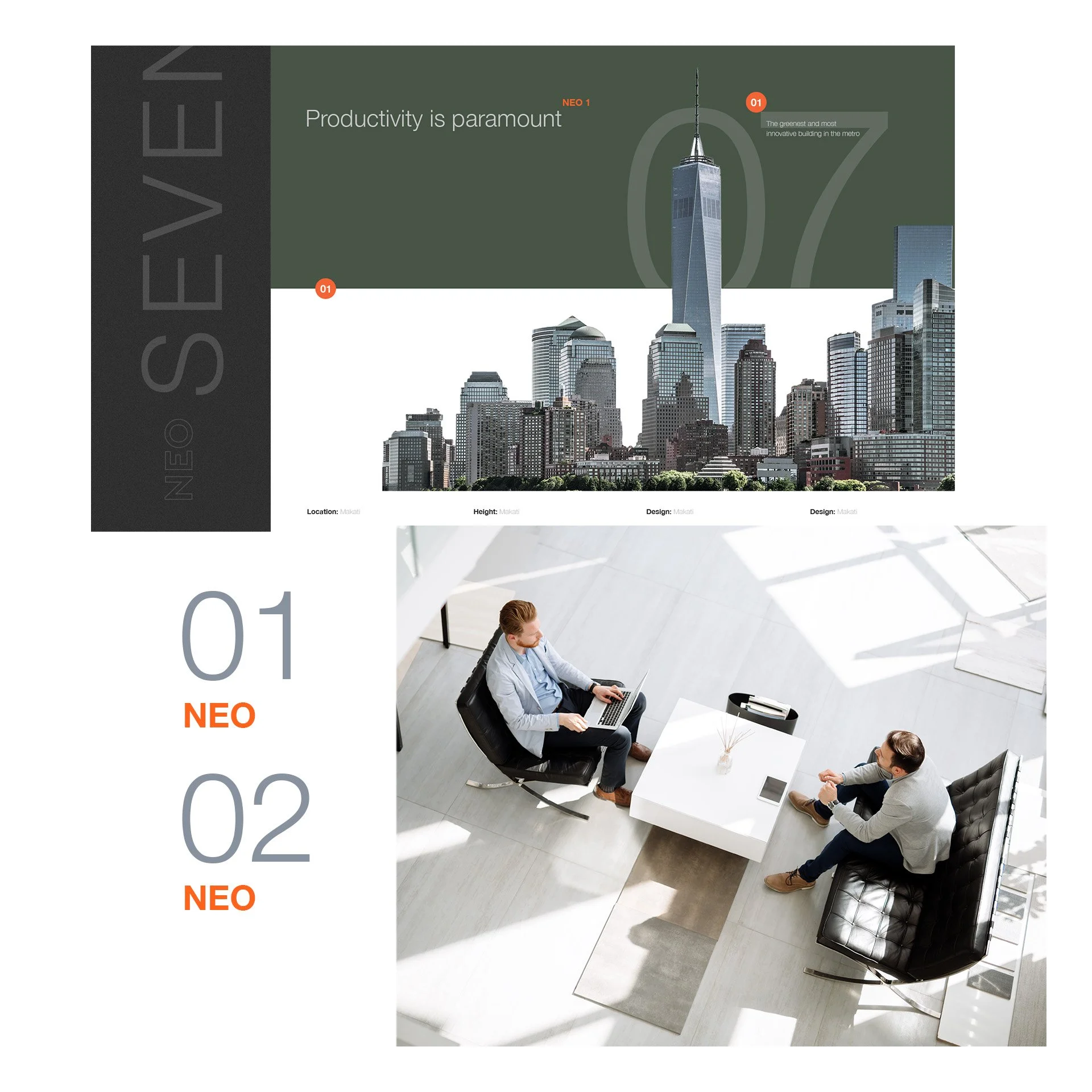 NEO brand stylescape tile combining office towers, a modern workplace and orange numbered typography.