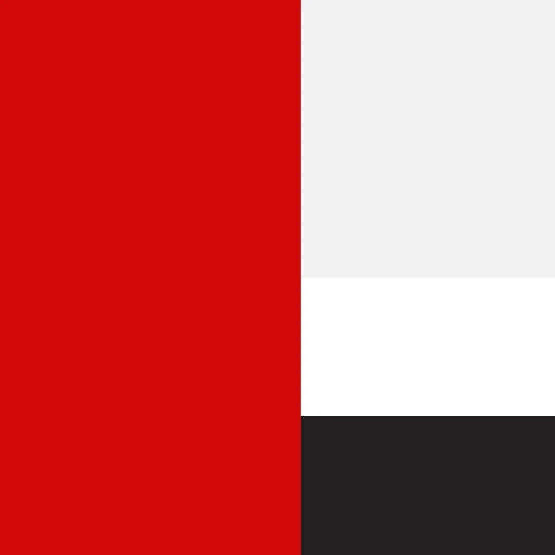 Ahon brand color palette showing red, black, white and light gray swatches.