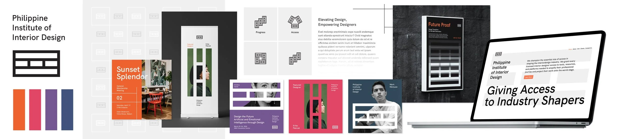 PIID identity stylescape showing a modular logo system, orange and purple palette, event graphics, posters and website concepts.
