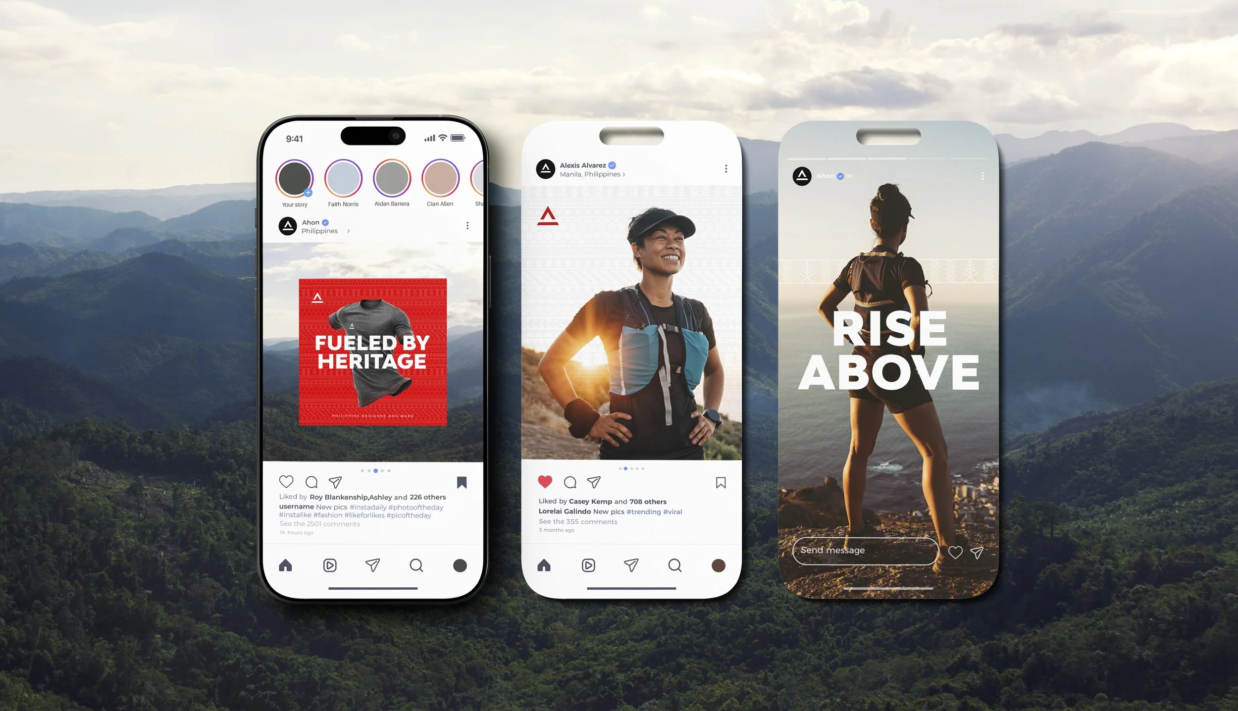 Ahon Instagram mockups showing a jersey campaign, trail runner portrait and Rise Above story over mountain scenery.