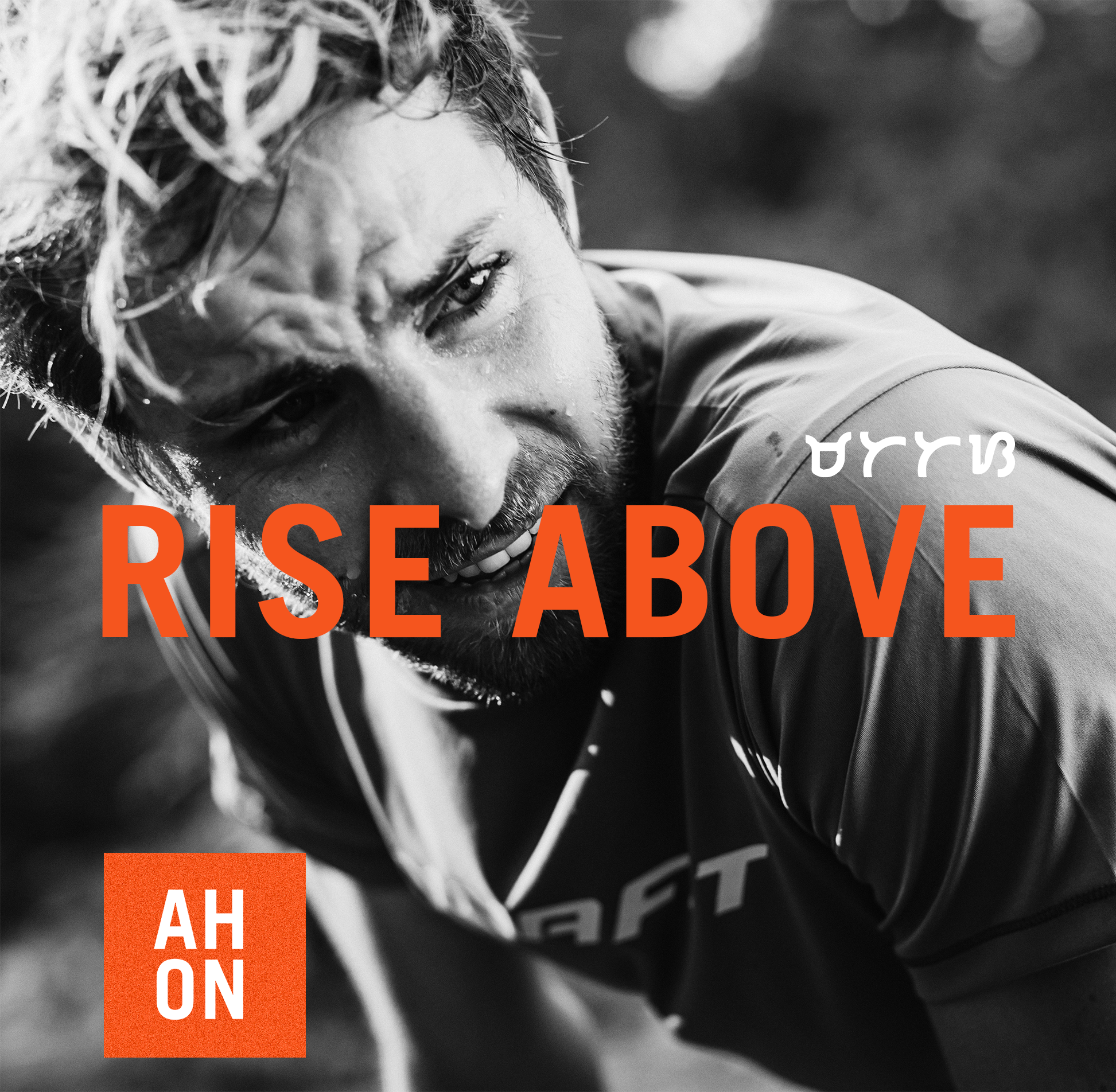 Ahon brand concept pairing a black-and-white athlete portrait with orange Rise Above lettering.