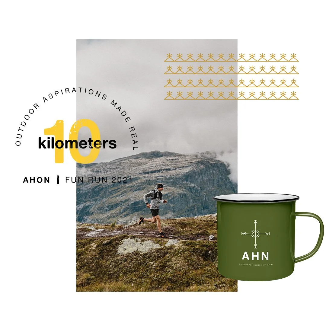 Ahon eco-conscious brand concept with a green camping mug, mountain imagery and heritage-inspired pattern.