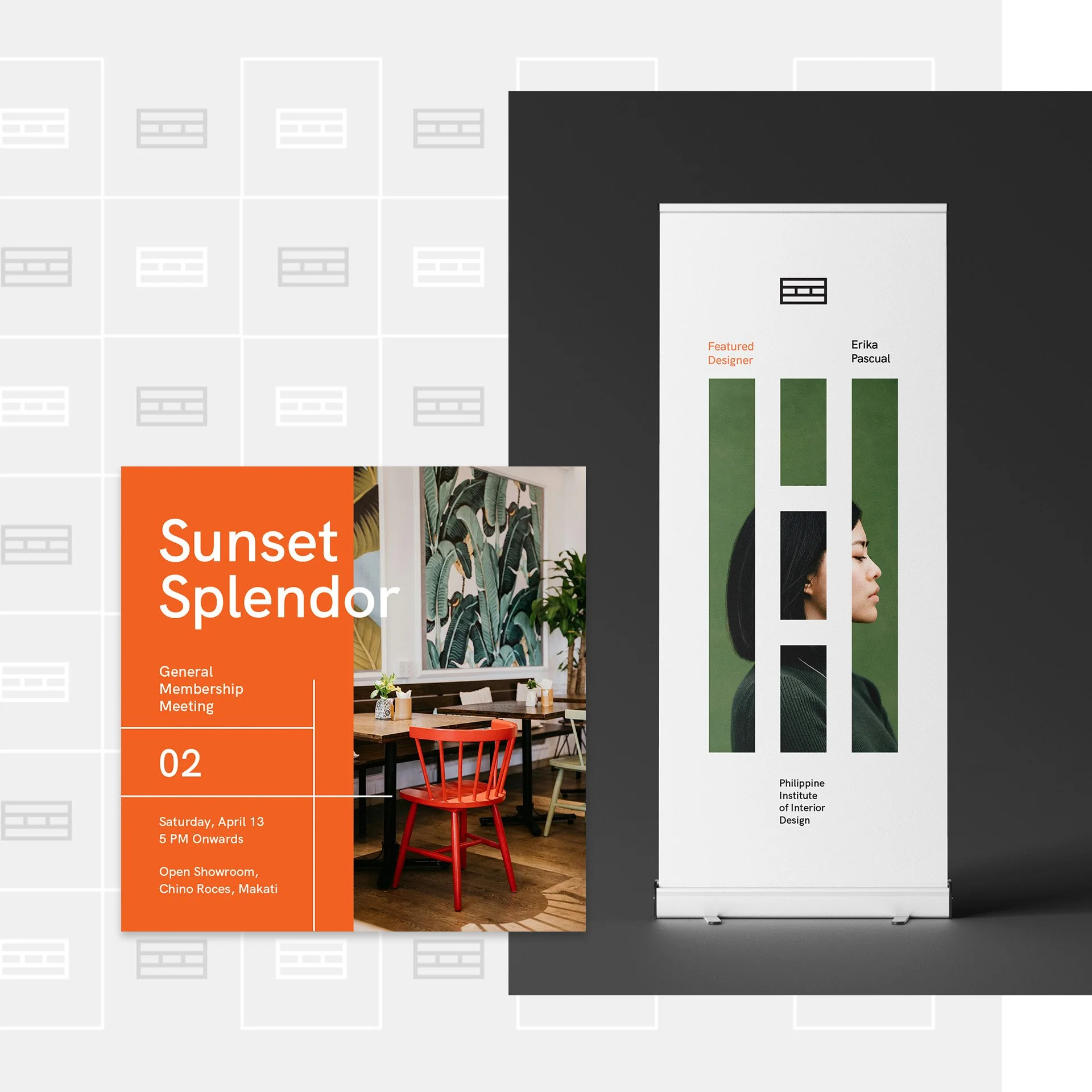 PIID brand stylescape tile showing a Sunset Splendor event graphic and a freestanding banner with modular geometric design.
