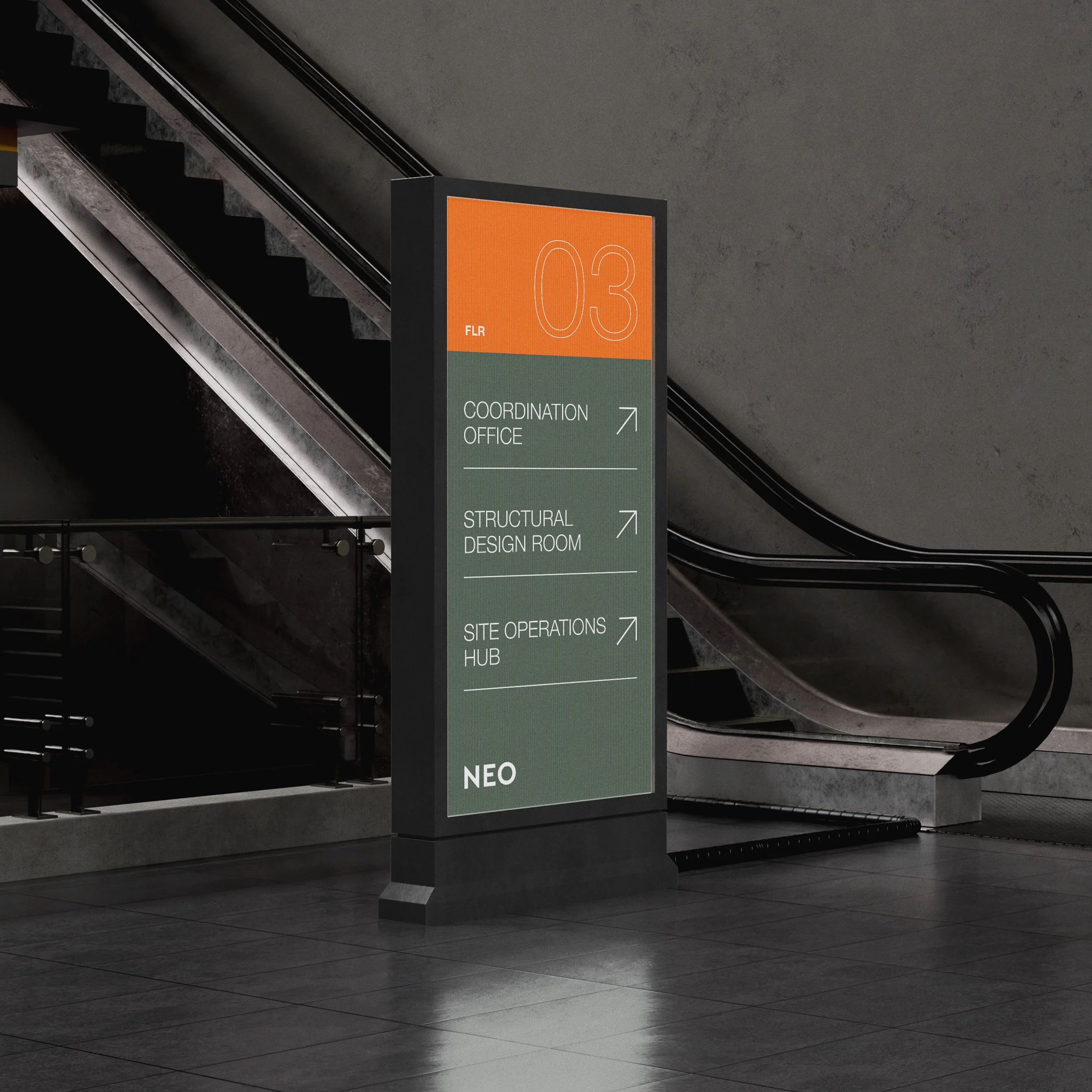 NEO office wayfinding signage with an orange floor number and green directional panel beside an escalator.