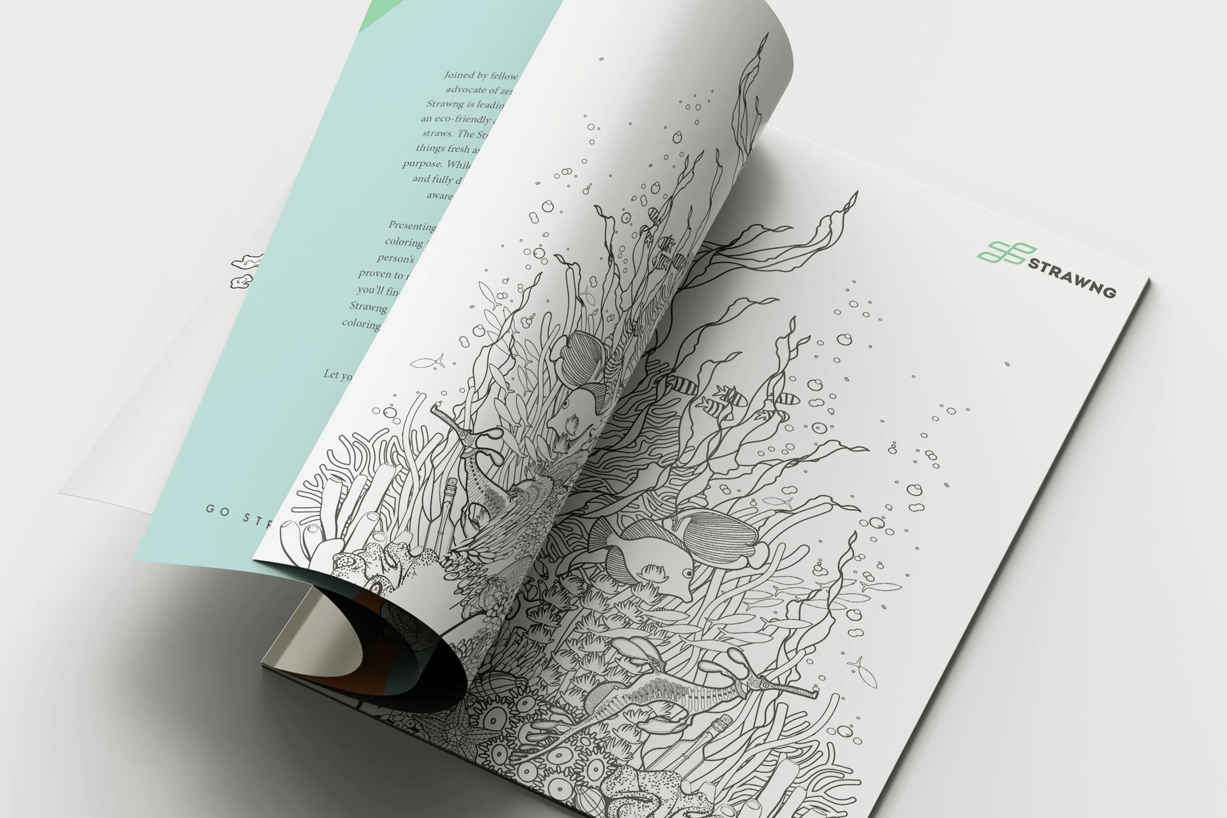 Open Strawng coloring booklet showing detailed coral, fish and sea life line drawings beside a turquoise introduction page.