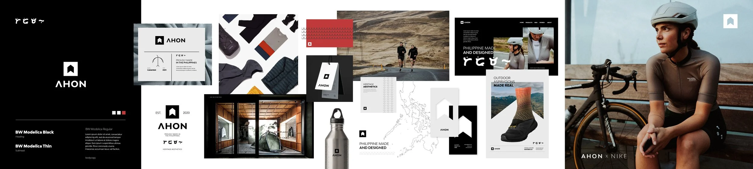 Ahon Technically Subtle stylescape showing minimal typography, logo applications, outdoor apparel and subtle Filipino heritage graphics.