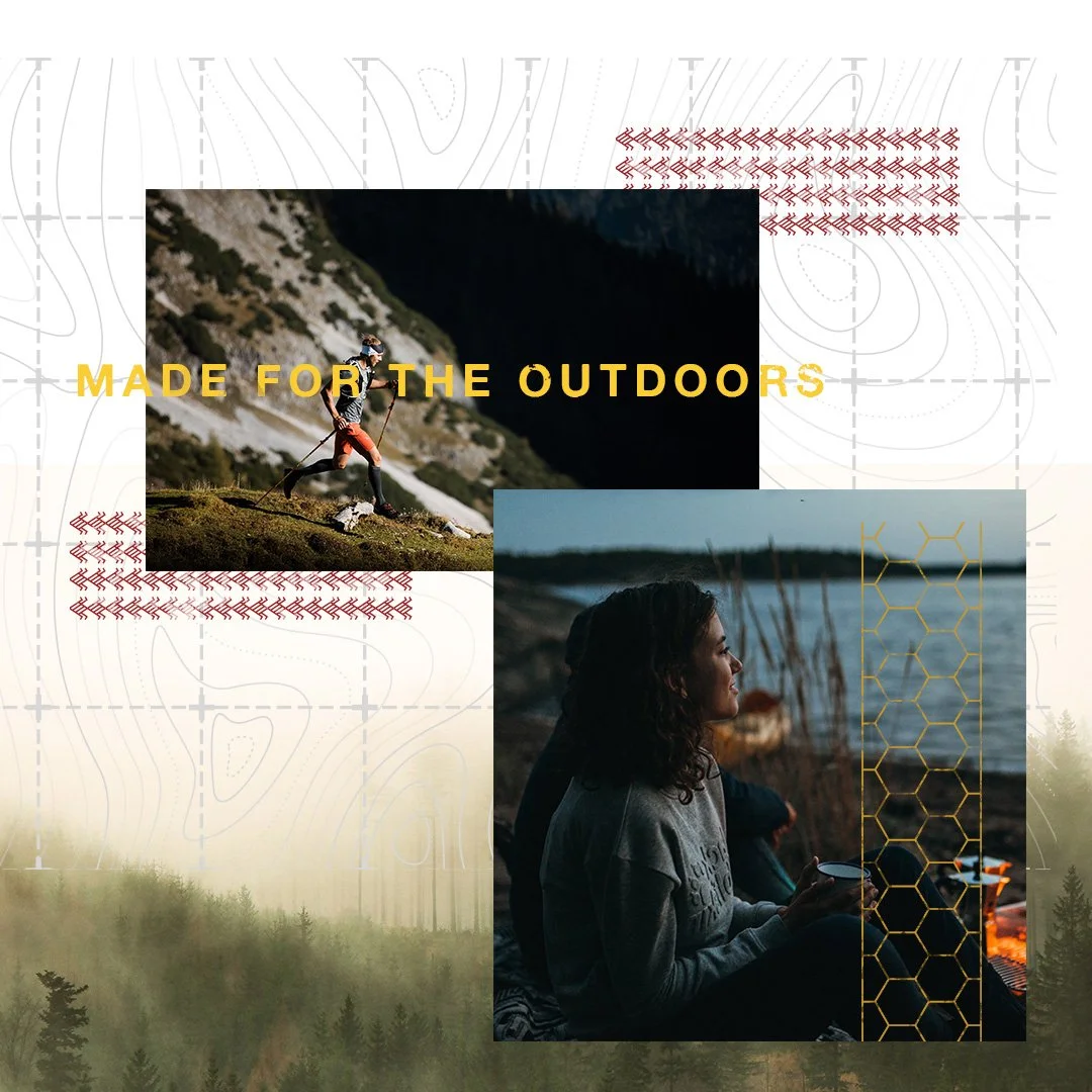 Ahon eco-conscious campaign concept combining outdoor photography, muted colors and Made for the Outdoors lettering.