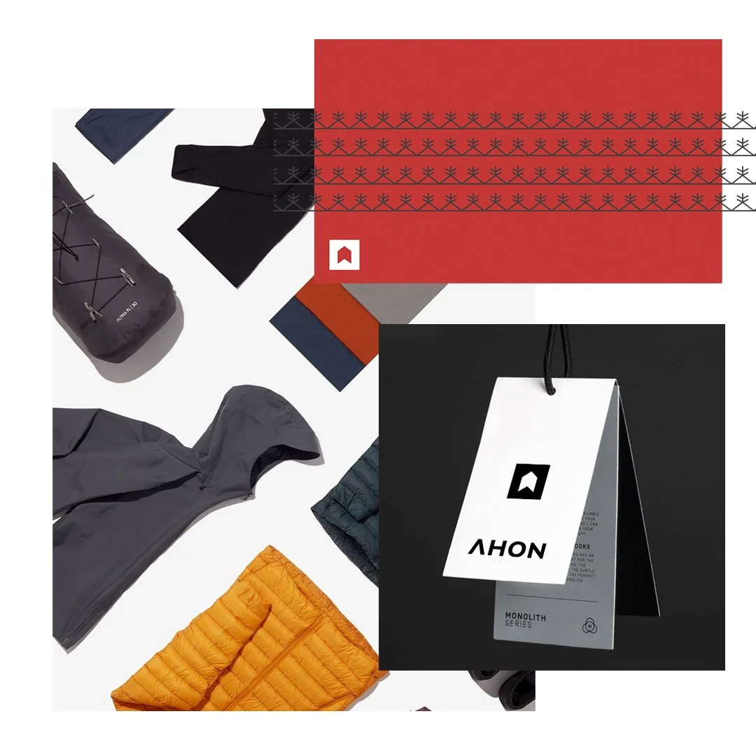 Ahon minimal brand concept showing outdoor apparel, a white logo hang tag and a red heritage-pattern graphic.