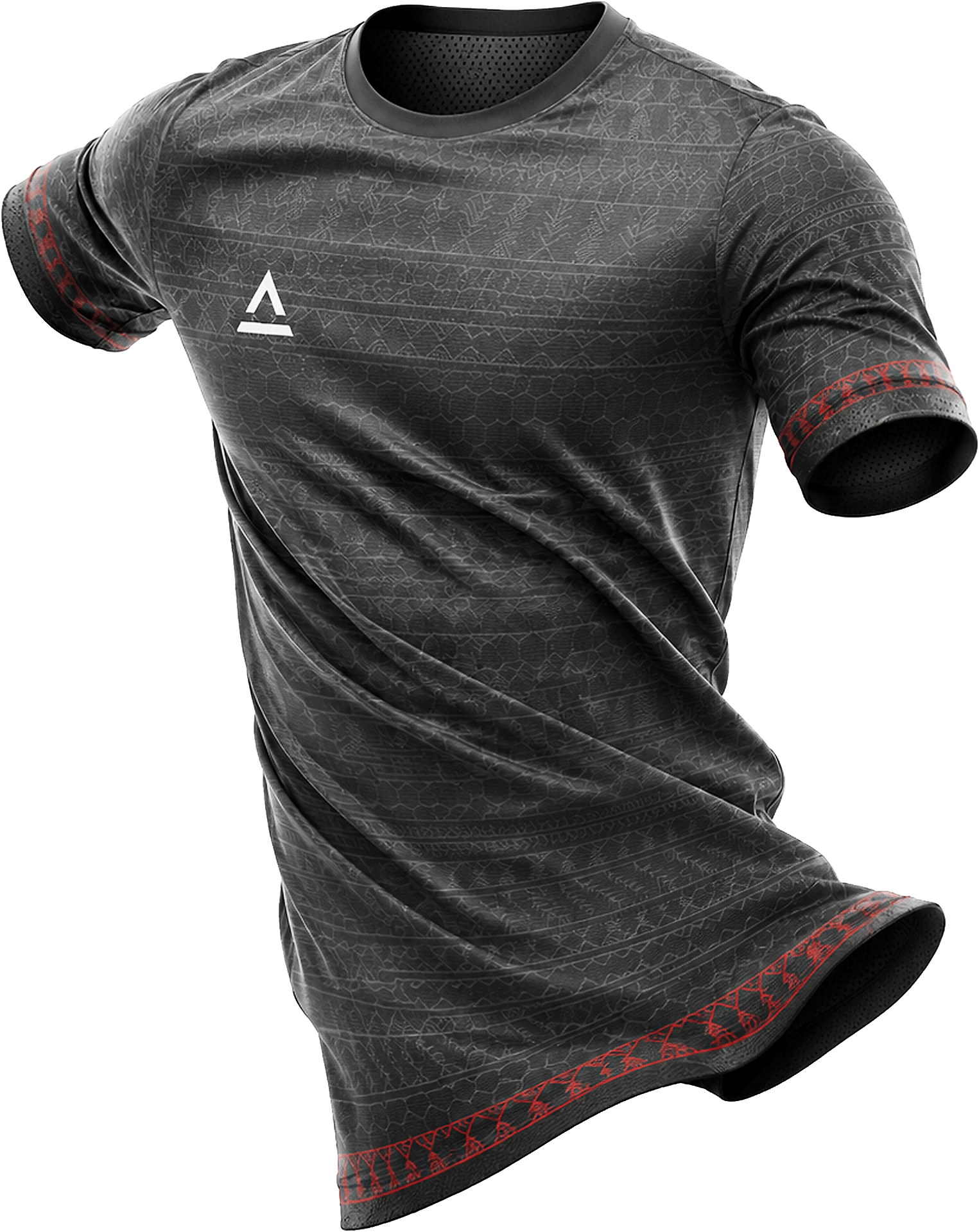 Black Ahon outdoor jersey with a white chest logo and red patterned trim.
