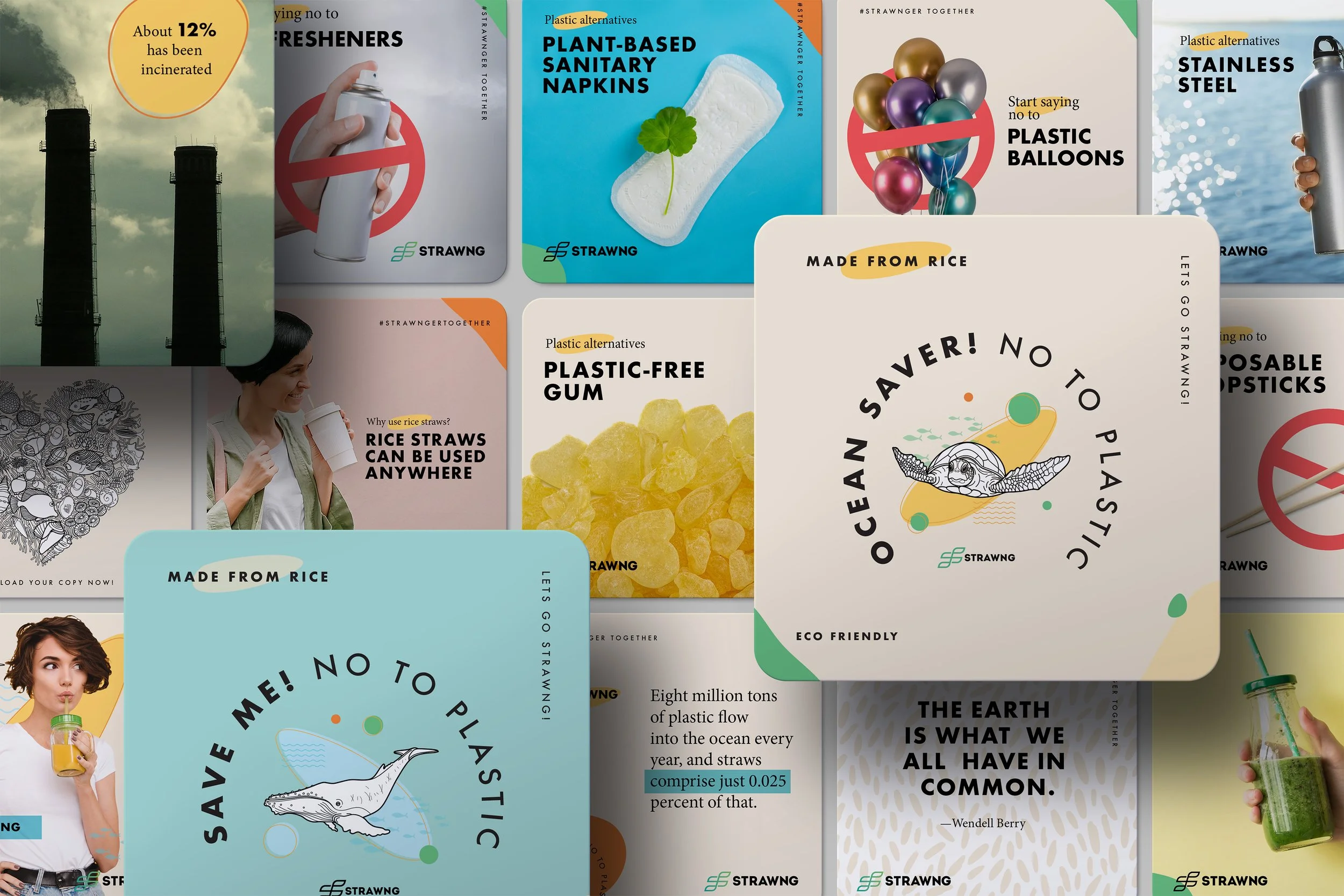 Strawng Instagram campaign collage with marine life illustrations, rice straw messaging, sustainability facts and colorful plastic alternative graphics.