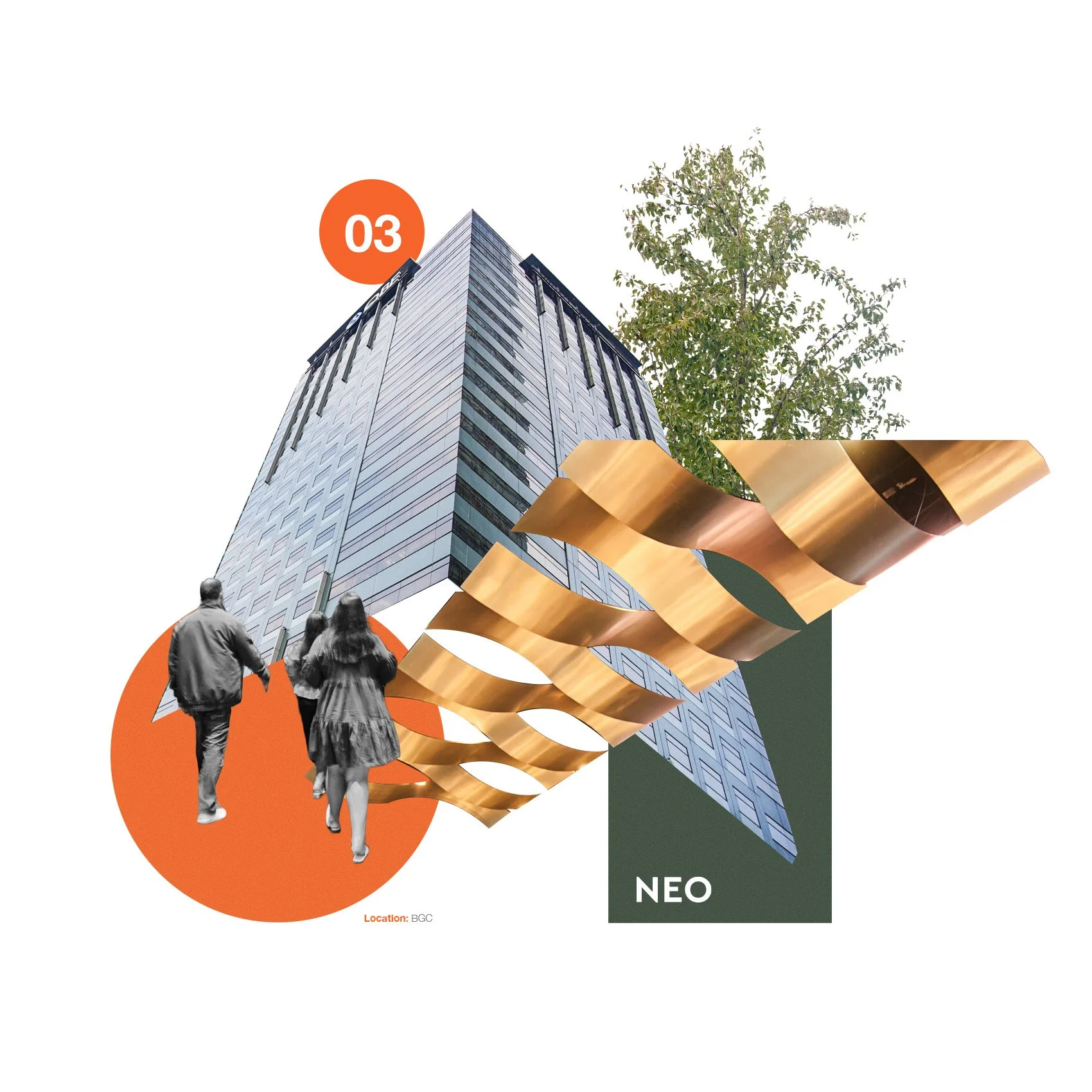 NEO brand collage combining an office tower, greenery, people and a gold architectural detail with orange and green shapes.
