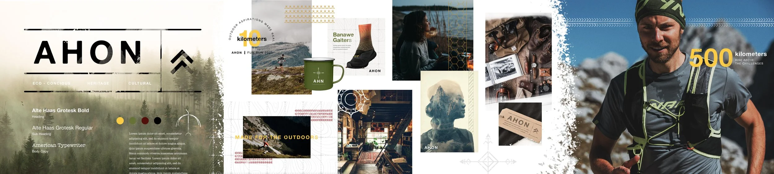Ahon Culturally Eco Conscious stylescape with muted colors, outdoor photography, typography and heritage-inspired product concepts.