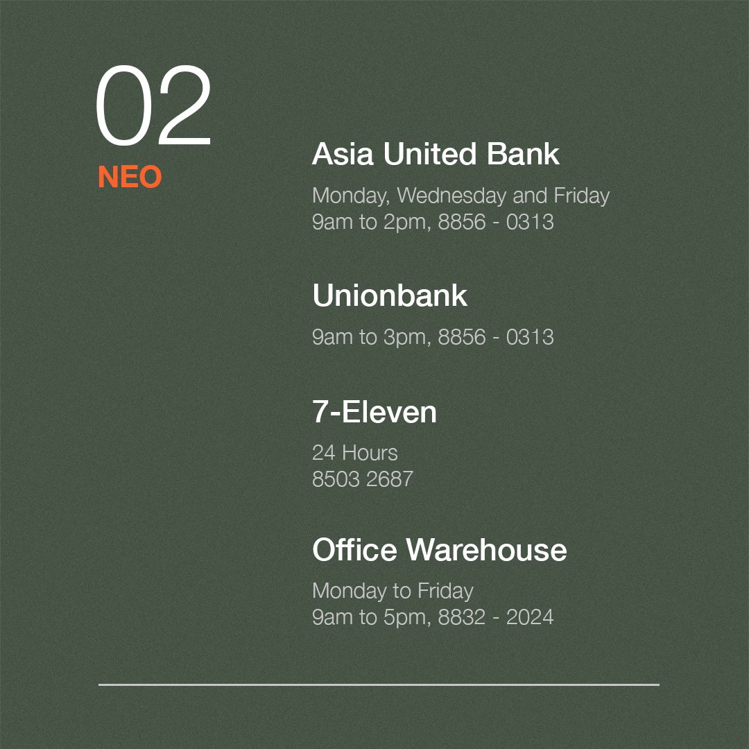 NEO tenant directory graphic with white business names and operating hours on a dark green background.