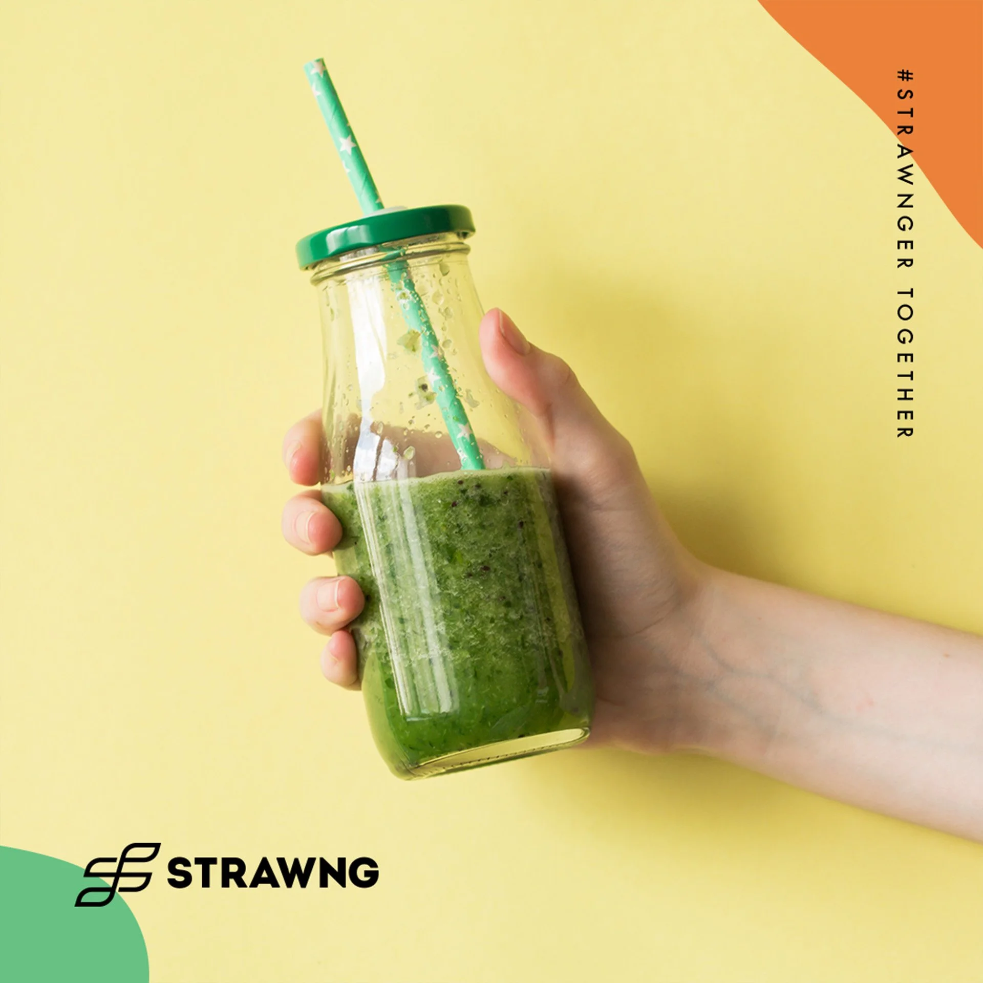 Strawng social image showing a hand holding a green smoothie in a glass bottle with a green straw against a yellow background.