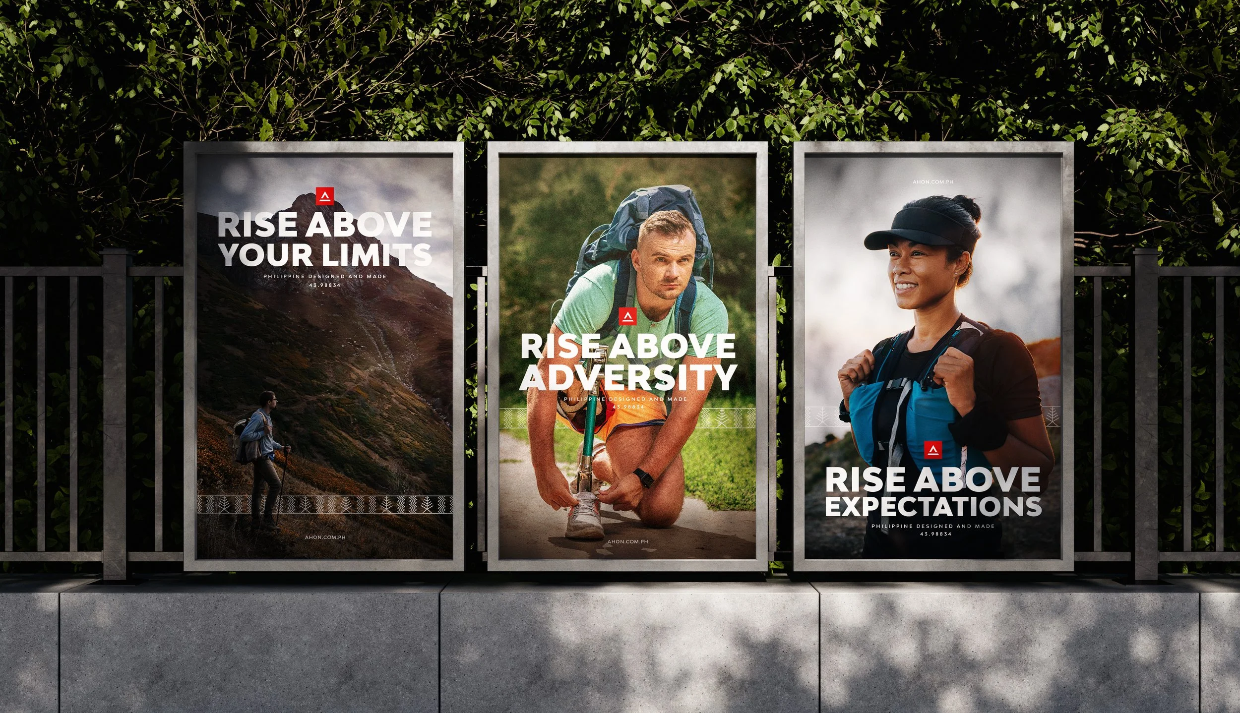 Three Ahon outdoor campaign posters featuring hikers and runners with Rise Above Your Limits, Adversity and Expectations headlines.