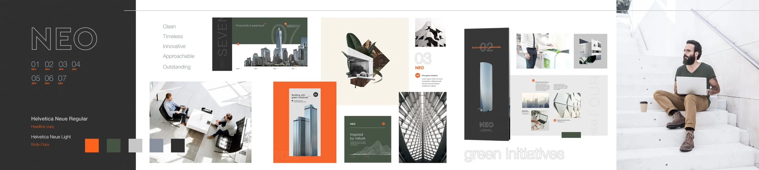 NEO brand identity stylescape with architectural imagery, modern typography, orange and green colors and sustainable workplace concepts.