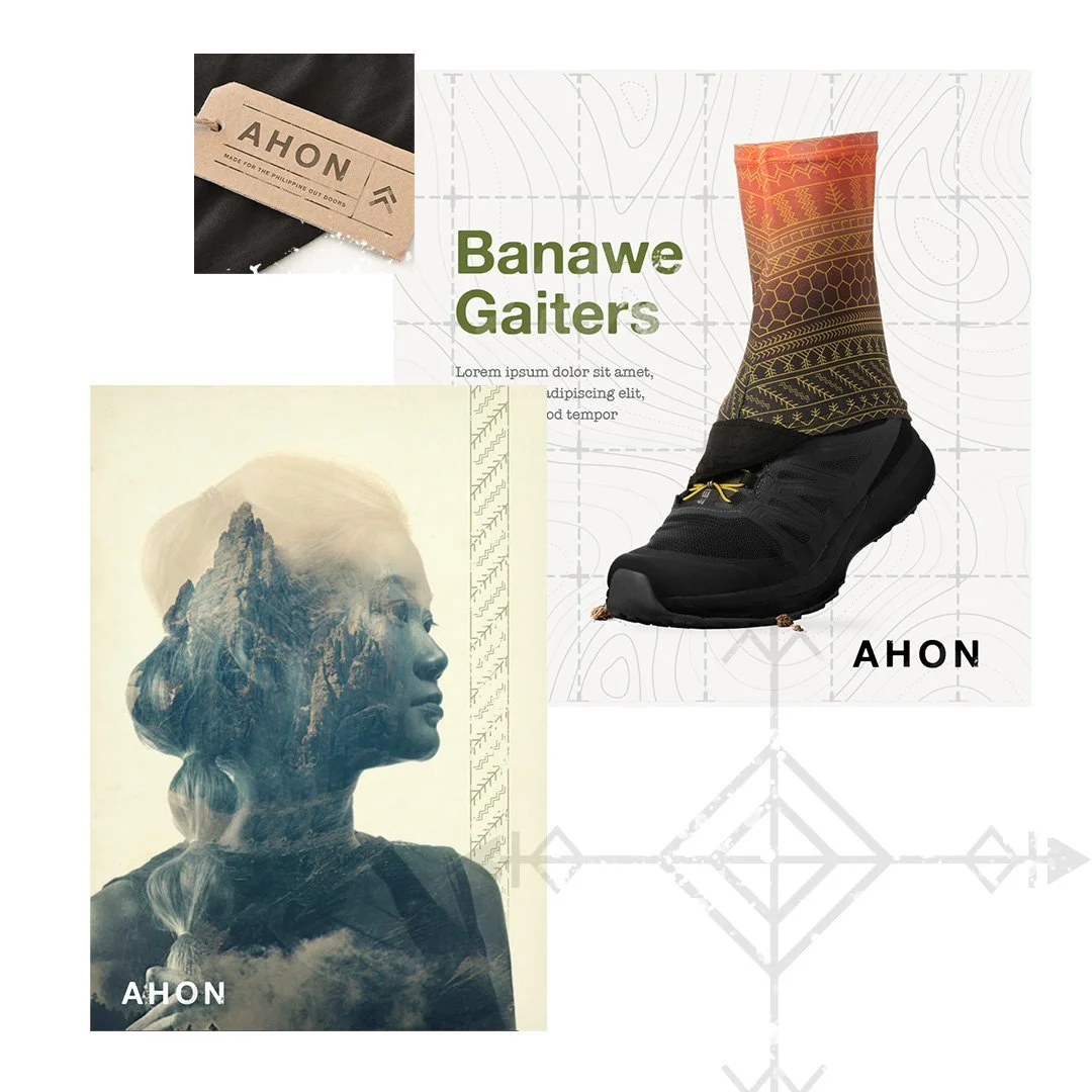 Ahon Banawe Gaiters brand concept with product imagery, kraft packaging and muted heritage-inspired graphics.