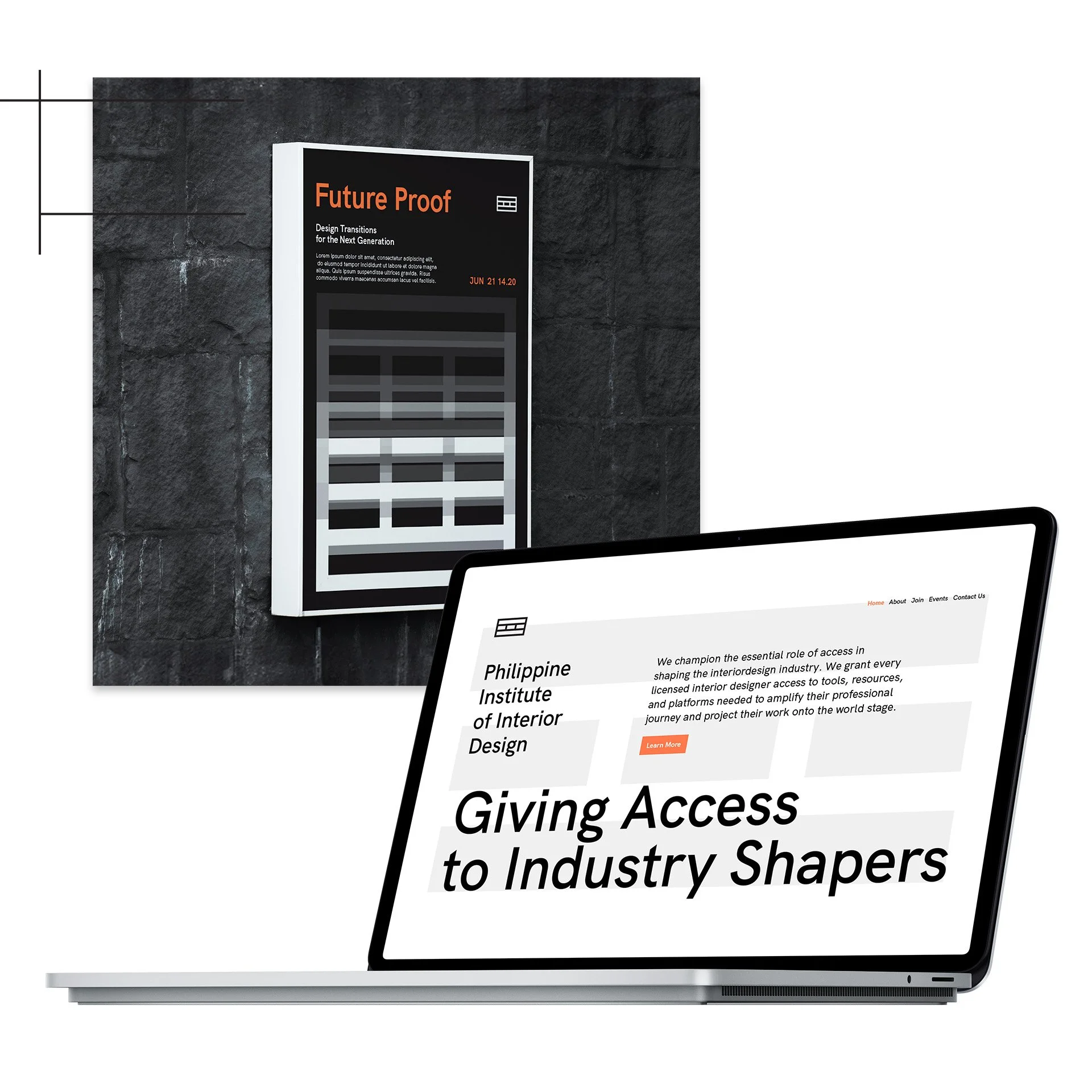 PIID brand concept showing a Future Proof poster and a tablet website layout with Giving Access to Industry Shapers typography.