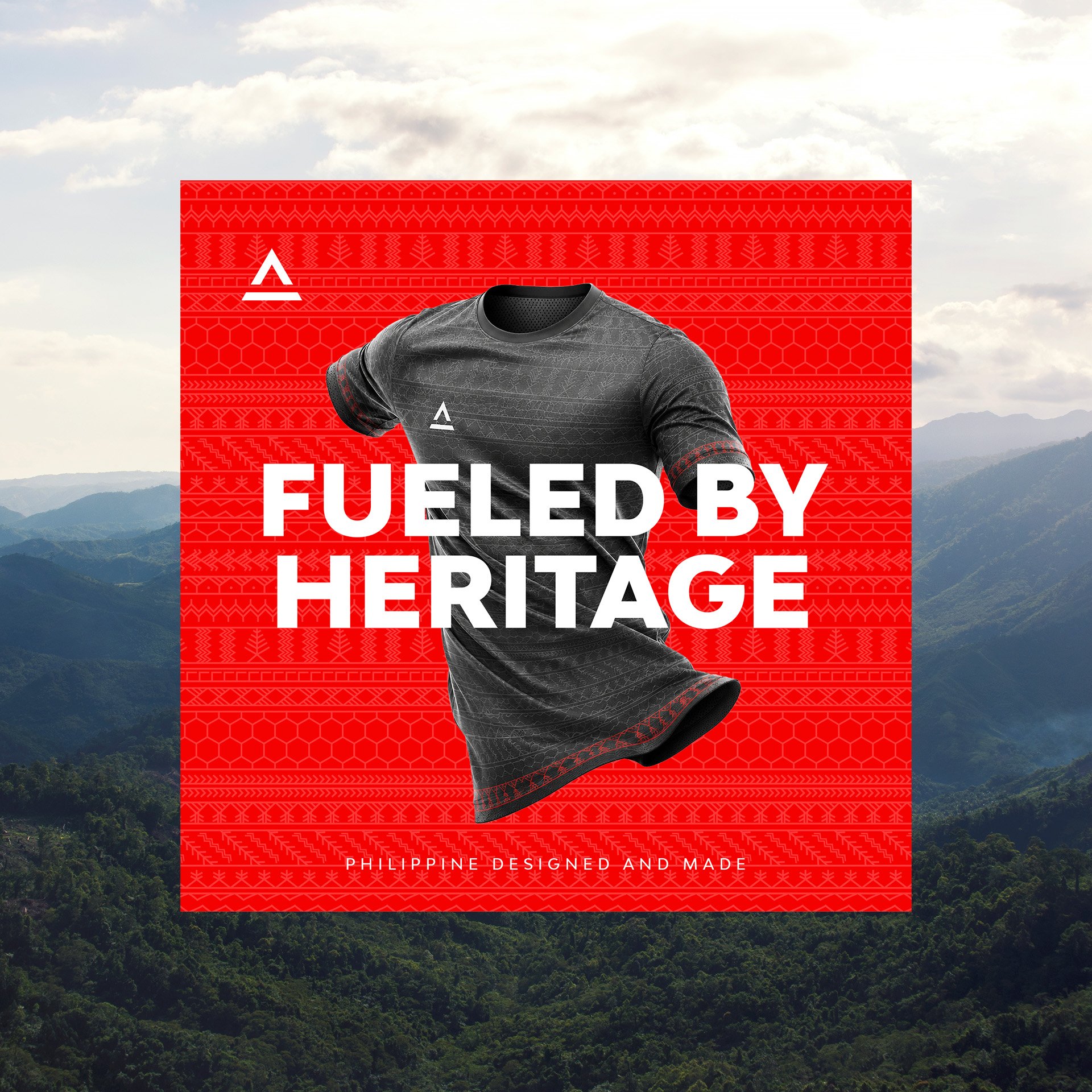 Ahon Fueled by Heritage campaign graphic featuring a black jersey on a red patterned panel over mountain scenery.