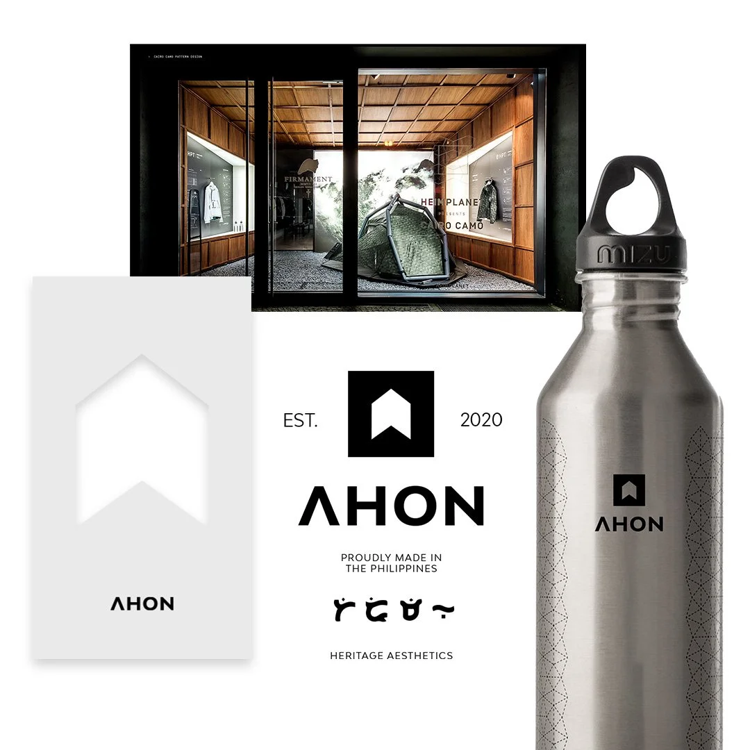 Ahon minimal brand concept with storefront signage, logo variations and a branded stainless-steel bottle.
