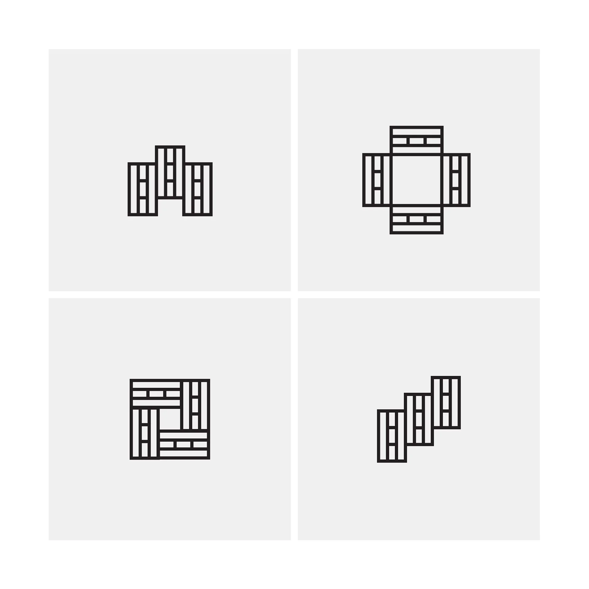 Four PIID modular logo configurations demonstrating a flexible geometric identity inspired by spatial composition.