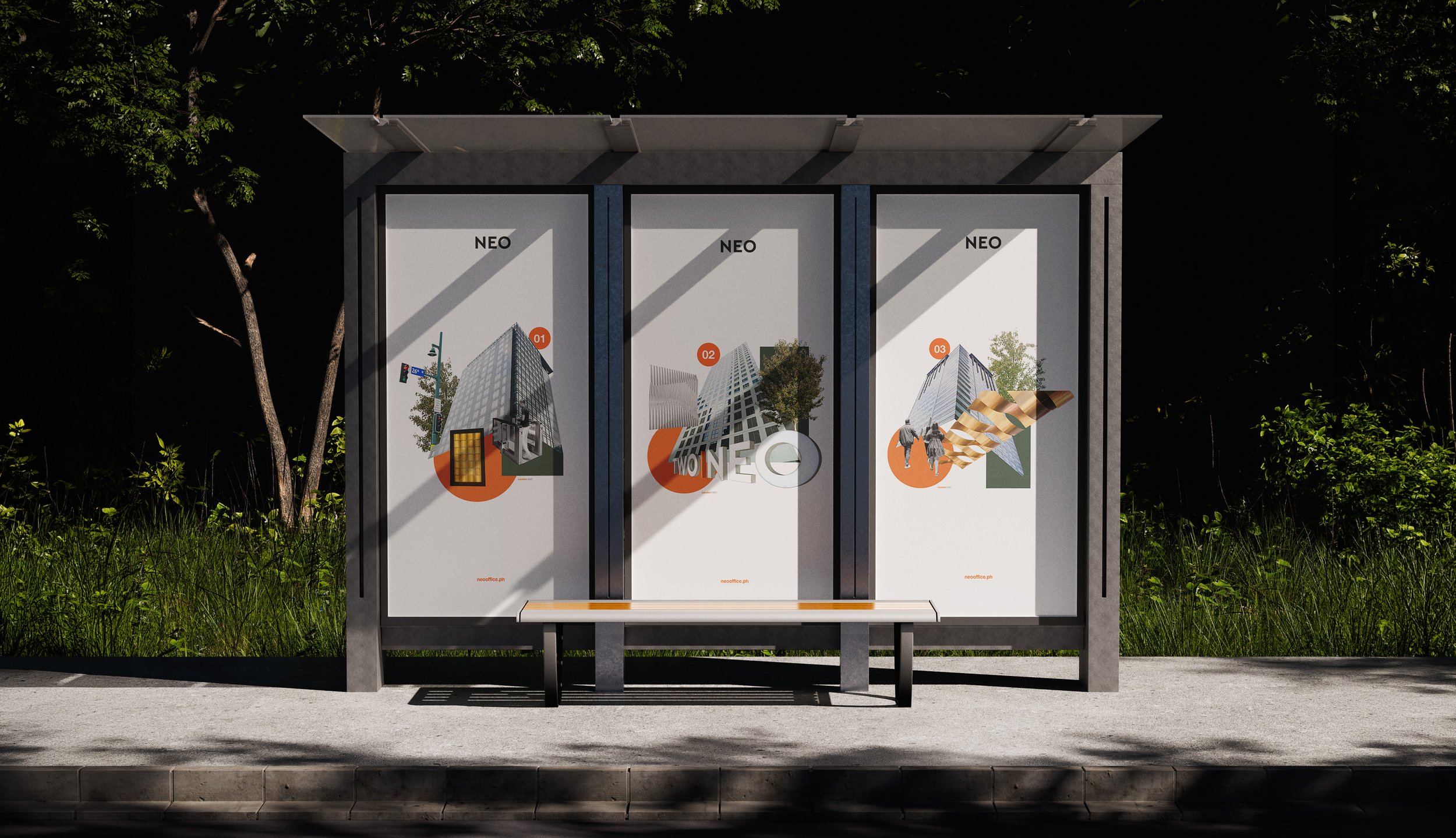 Three NEO bus shelter posters combining office building photographs, orange shapes and numbered brand graphics.