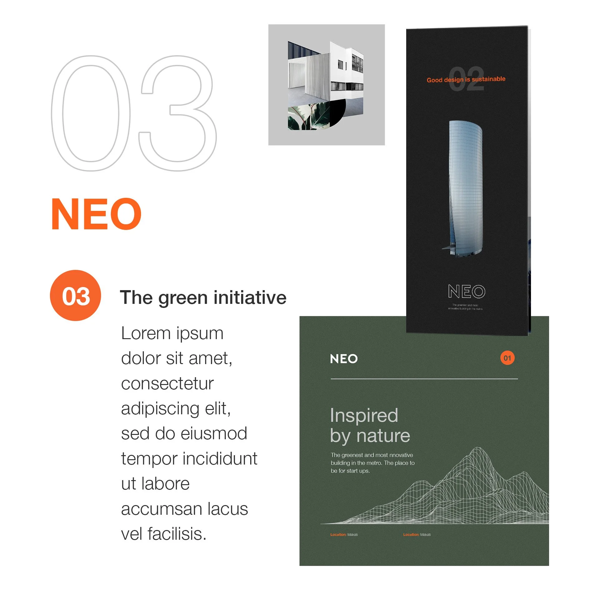 NEO sustainability brand concept with numbered typography, architectural photography and an Inspired by Nature green panel.