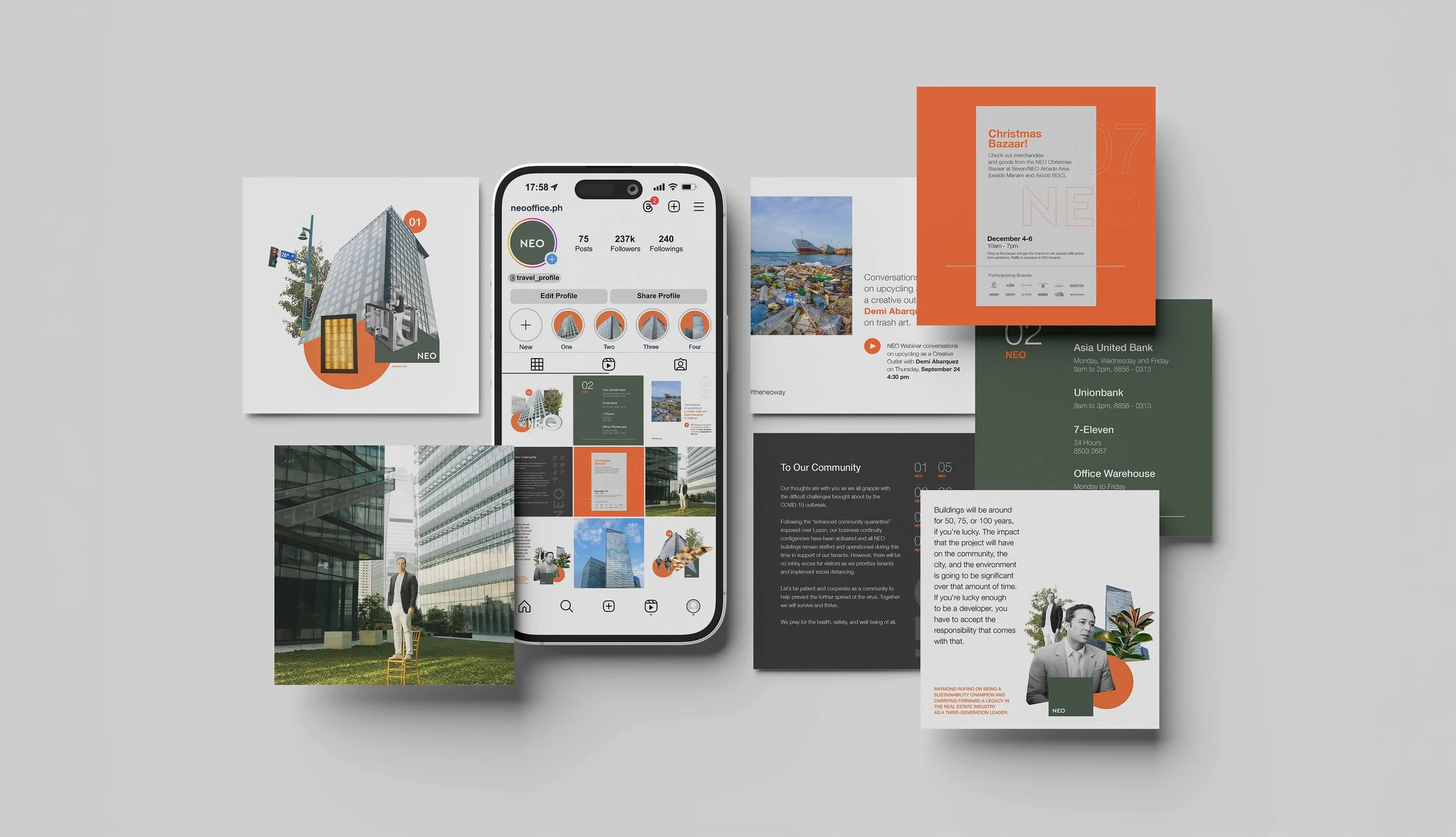 NEO Instagram brand system mockup with architectural collages, green tenant notices and orange event graphics.