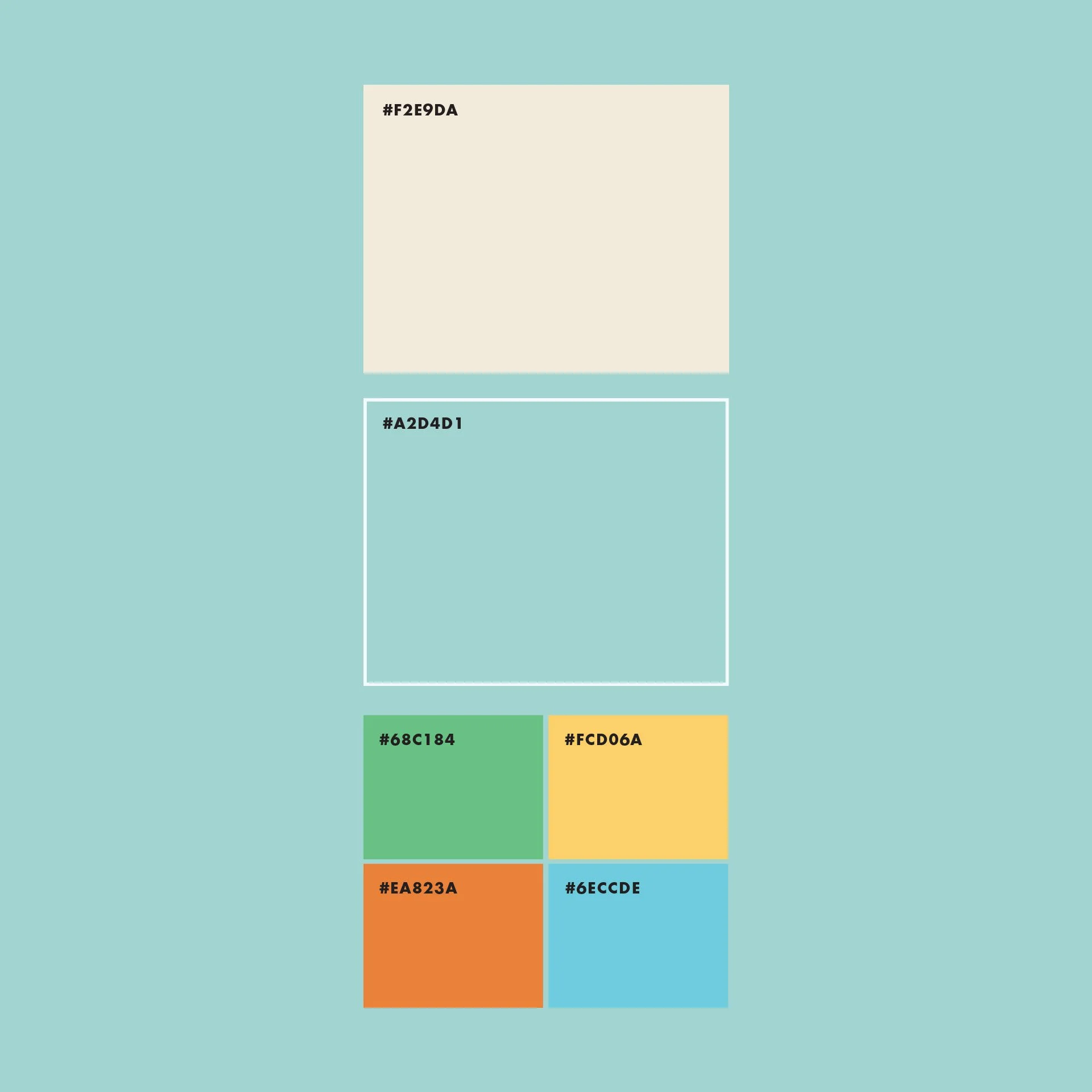 Strawng brand color palette with cream, turquoise, mint green, yellow, orange and blue swatches.