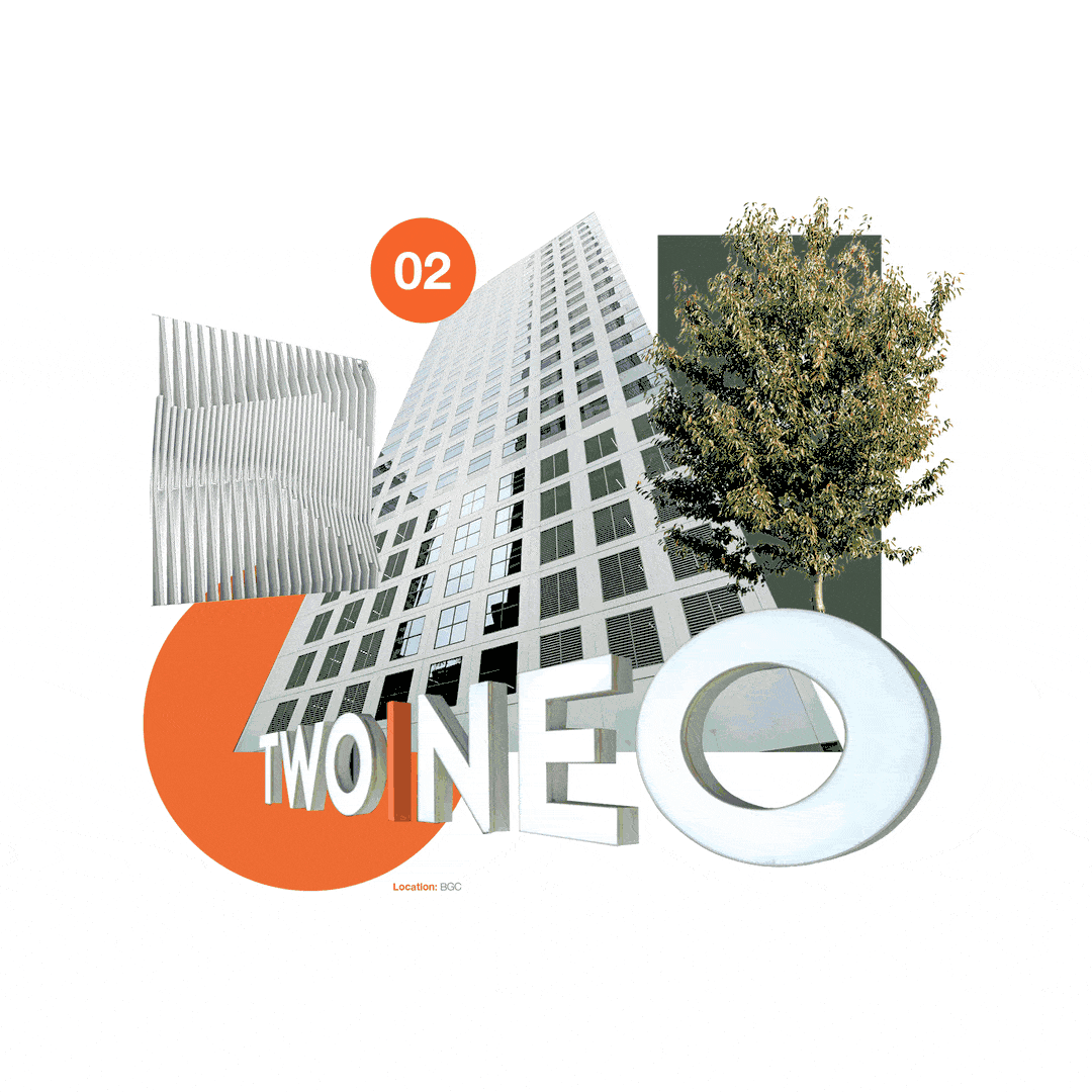 Animated NEO brand artwork combining office building photography, orange graphic shapes and building names.