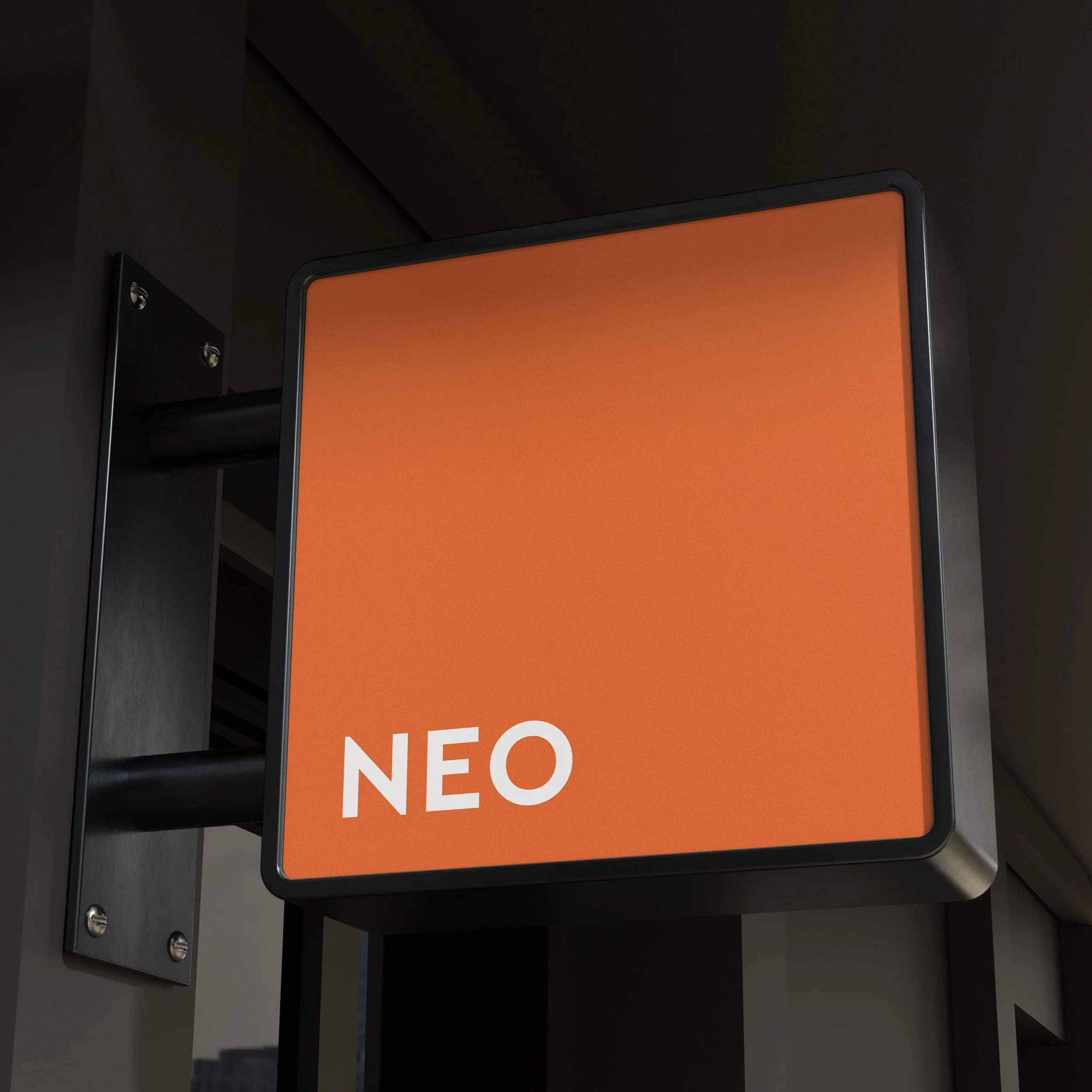 NEO digital signage mockup with a white wordmark on an orange illuminated panel.