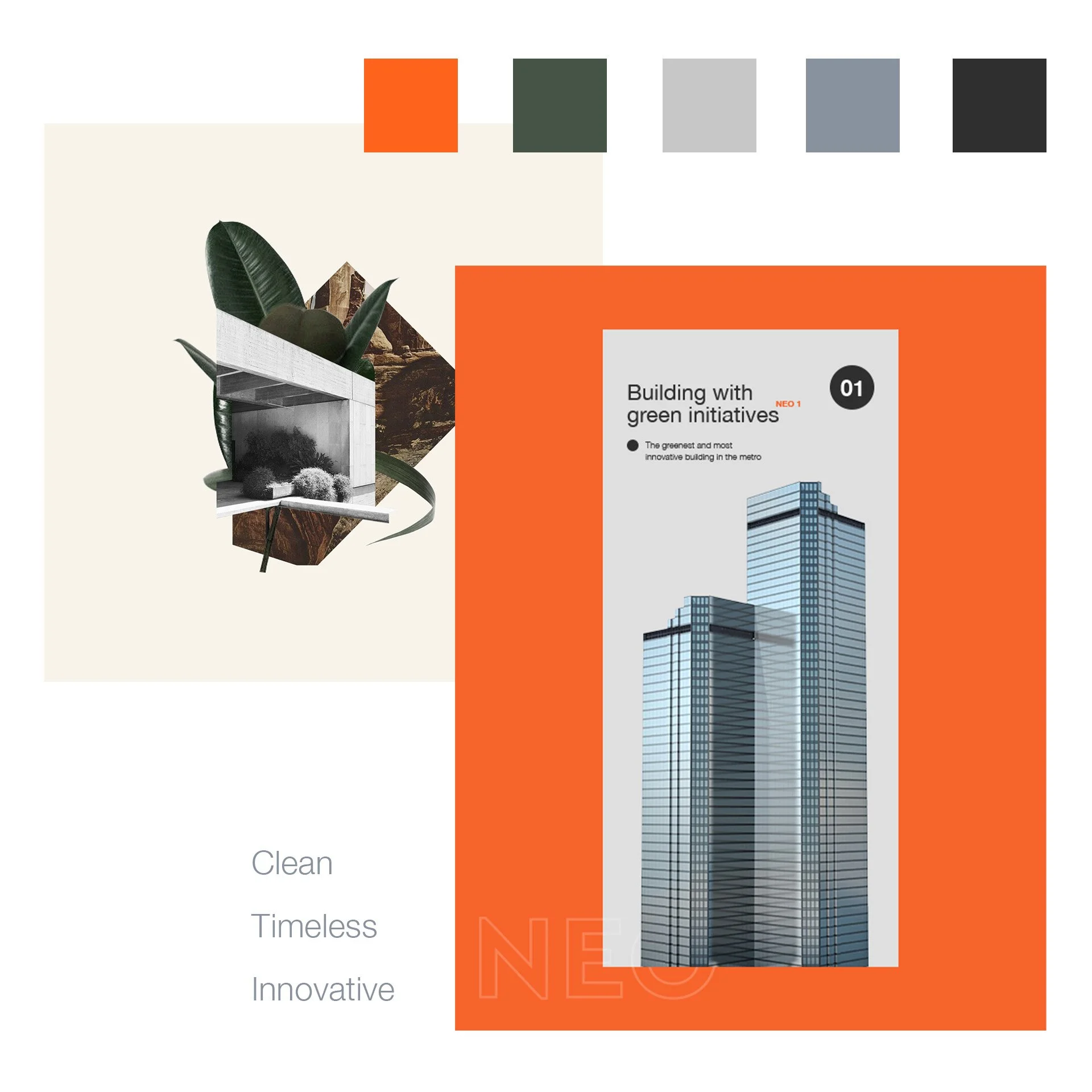 NEO brand stylescape tile showing an orange and green palette, nature imagery and an architectural brochure concept.