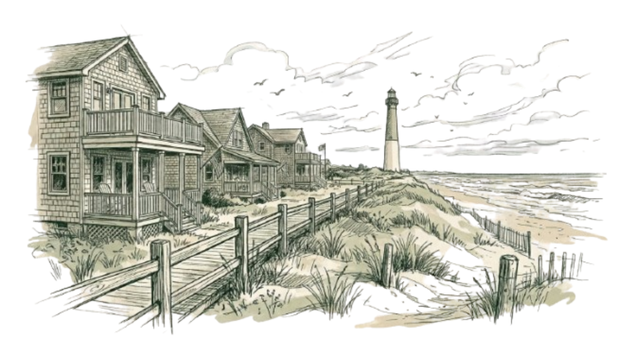 Drawing of houses and a lighthouse along a sandy beach with a wooden walkway and fence, and clouds in the sky.