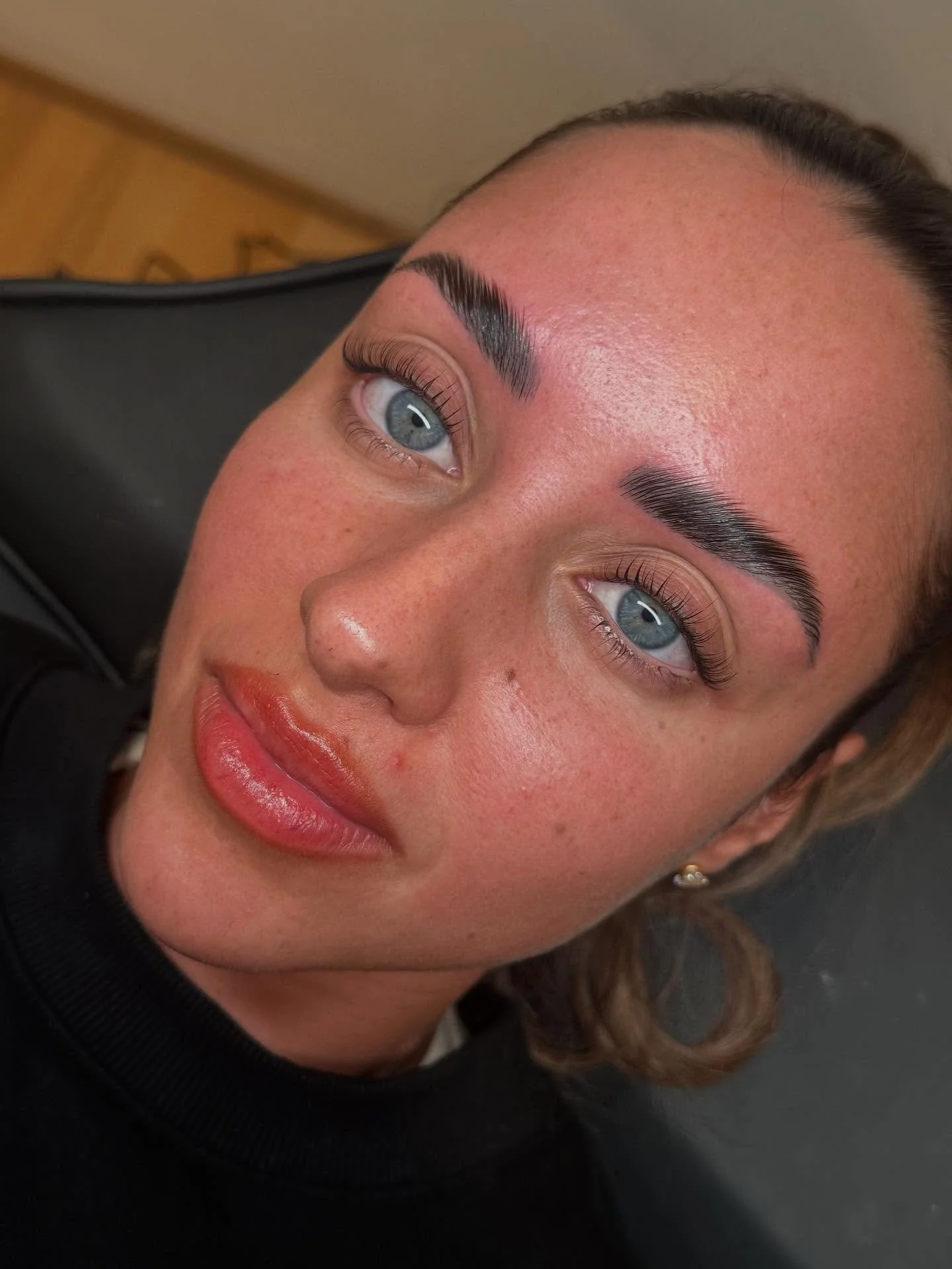 Brow Lamination &amp; Lash Lift. Already have your brows Cosmetically Tattooed? As pictured, a brow Lamination over the top of your tattoo can enhance your brows and create a more full and fluffy look. #browstylist #browlam #lamination #lashlift #bro