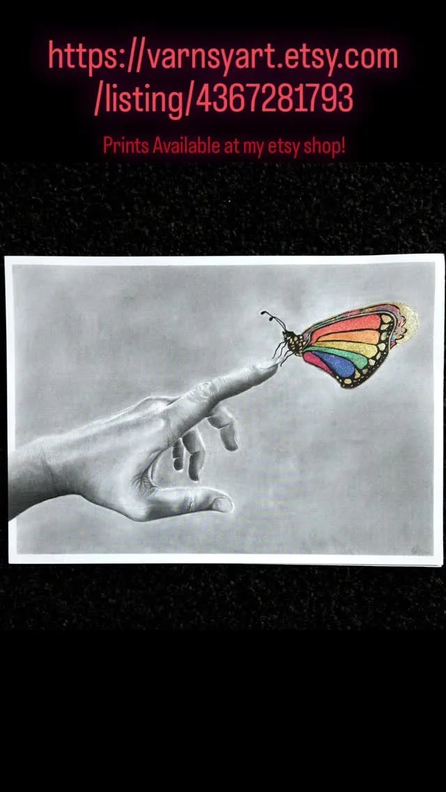 'Light Touch' hand painted prints available in my Etsy shop or through DM. These are prints of my charcoal and pencil original, each customised with sparkling @lisilinka.watercolors ...they are so so beautiful on the wall when they catch the light π