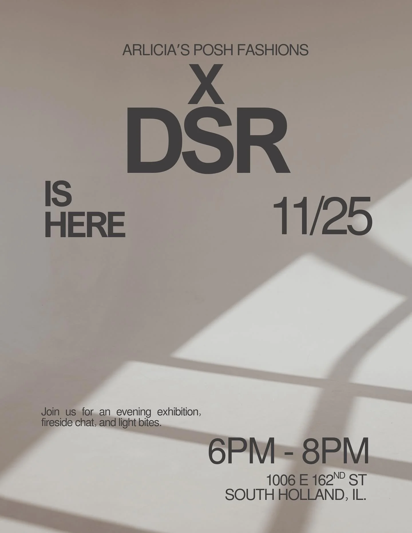 Illinois, you in here? 
We are closing out the year with DSR featured in Arlicia&rsquo;s Posh Fashions Boutique. 

We&rsquo;re bringing in this drop with an evening exhibition where you can join us for a fireside chat with Creative Director, Destiny 