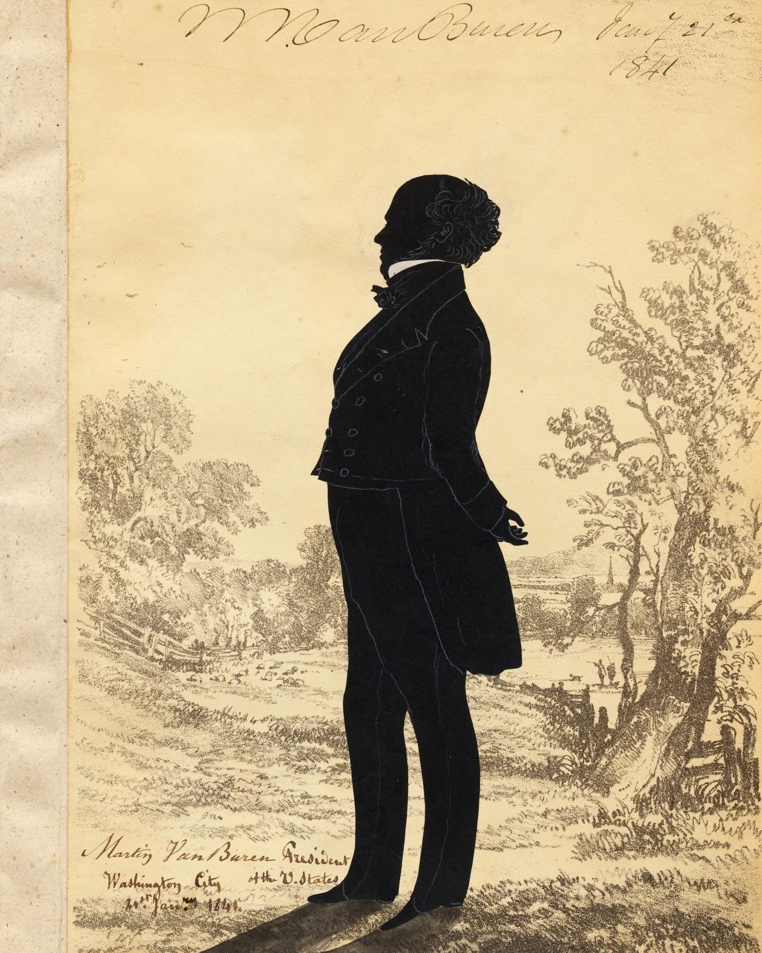 Created in 1841, this silhouette of President Martin Van Buren depicts the outline of his clothing, including a finely tailored double-breasted tailcoat and trousers typical of the period. While he was in office, critics criticized his interest in fa