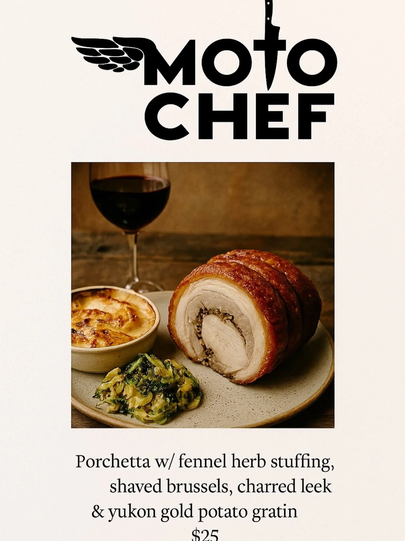 This Sunday at Olvidemos Wine Bar, Moto Chef pops up at 5pm with a cozy, rustic winter plate:

🍽 Porchetta w/ fennel herb stuffing
🥬 Shaved Brussels sprouts
🔥 Charred leek potato gratin

All deliciously crafted for $25.

Grab a glass, grab your fr