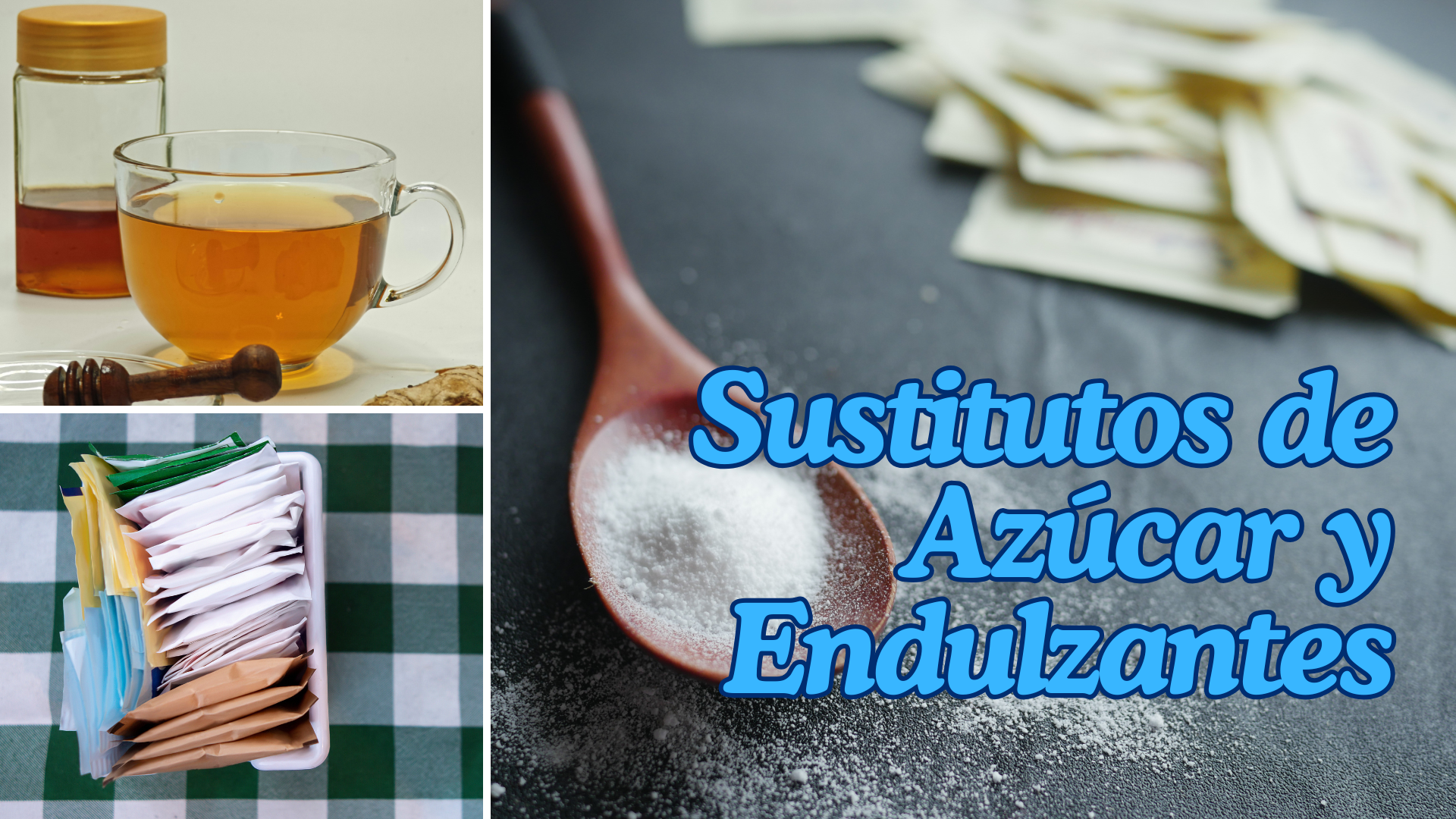 images of honey and sugar subsitute packets. there is a larger image of a spoon with sugar in it and more sugar packets as well.