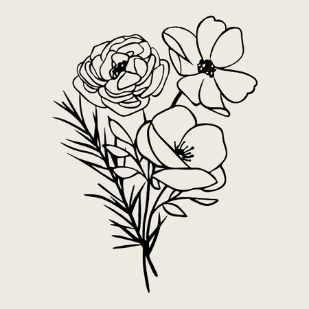 Line drawing of a bouquet of flowers with leaves.
