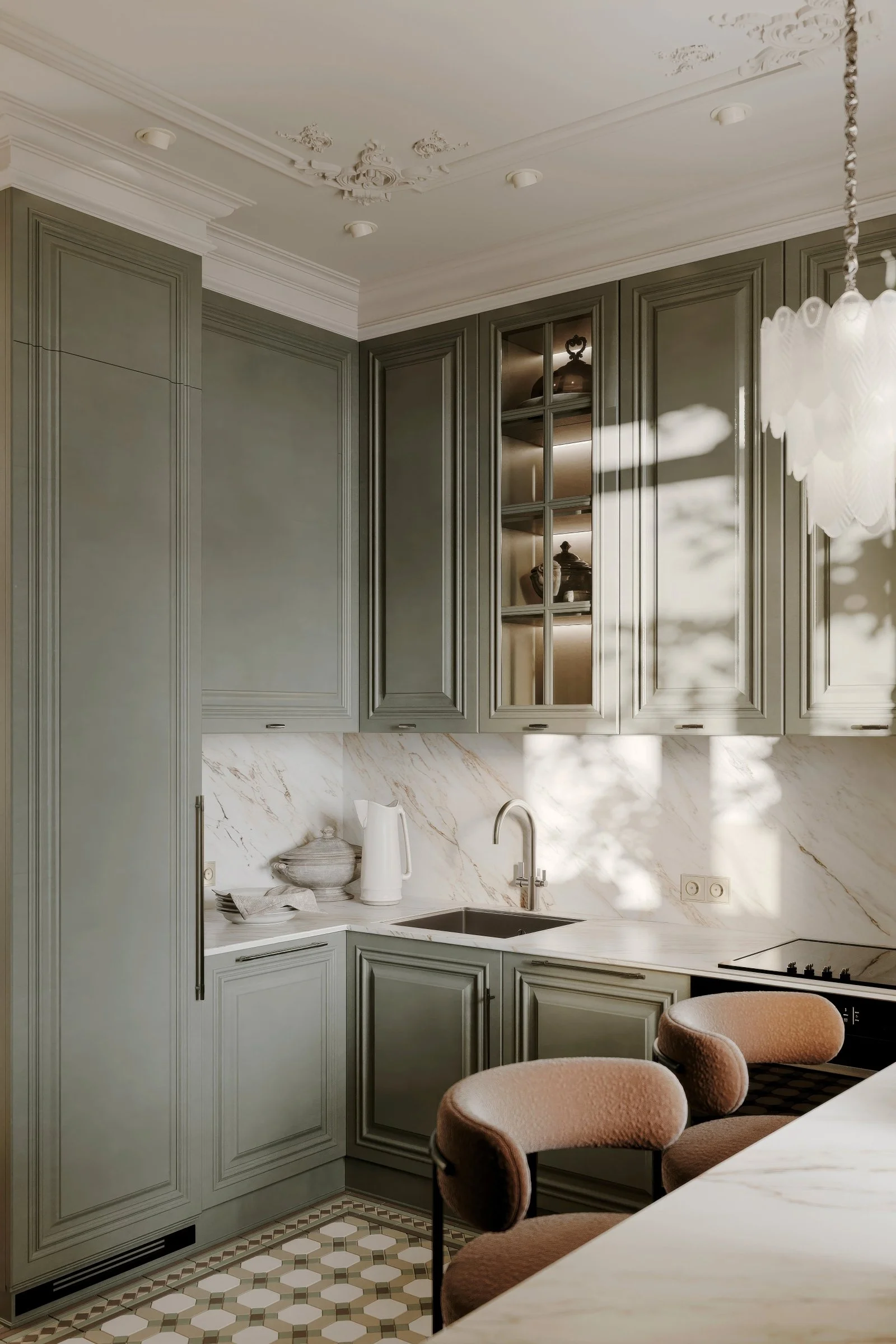 Luxury French classic kitchen in Pacific Heights, California, designed by OGKS Design, featuring sage green cabinetry, marble backsplash, pendant lights, and patterned tile flooring.
