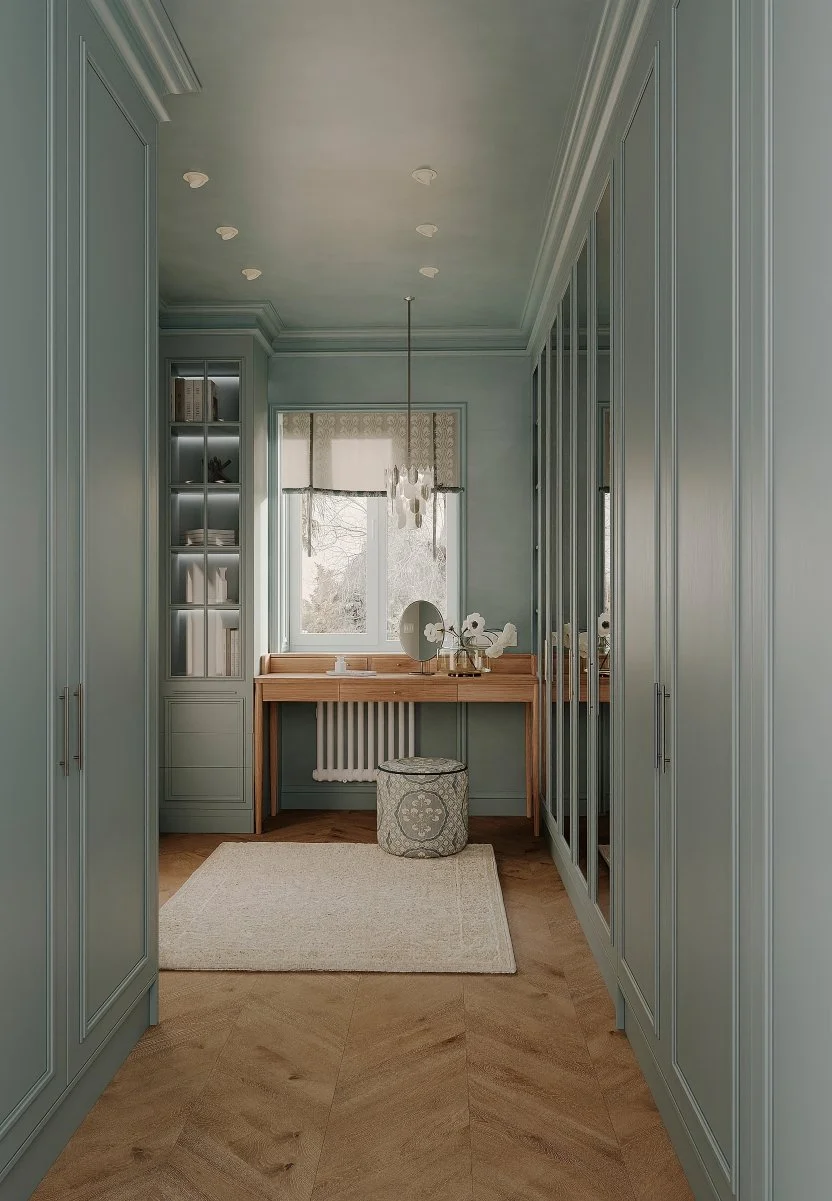 Elegant Dressing Room in Powder Blue
This serene dressing suite is designed as a personal sanctuary—elevated by refined detailing, soft tones, and a harmonious balance of function and elegance. Fully integrated built-in cabinetry in a muted powder bl