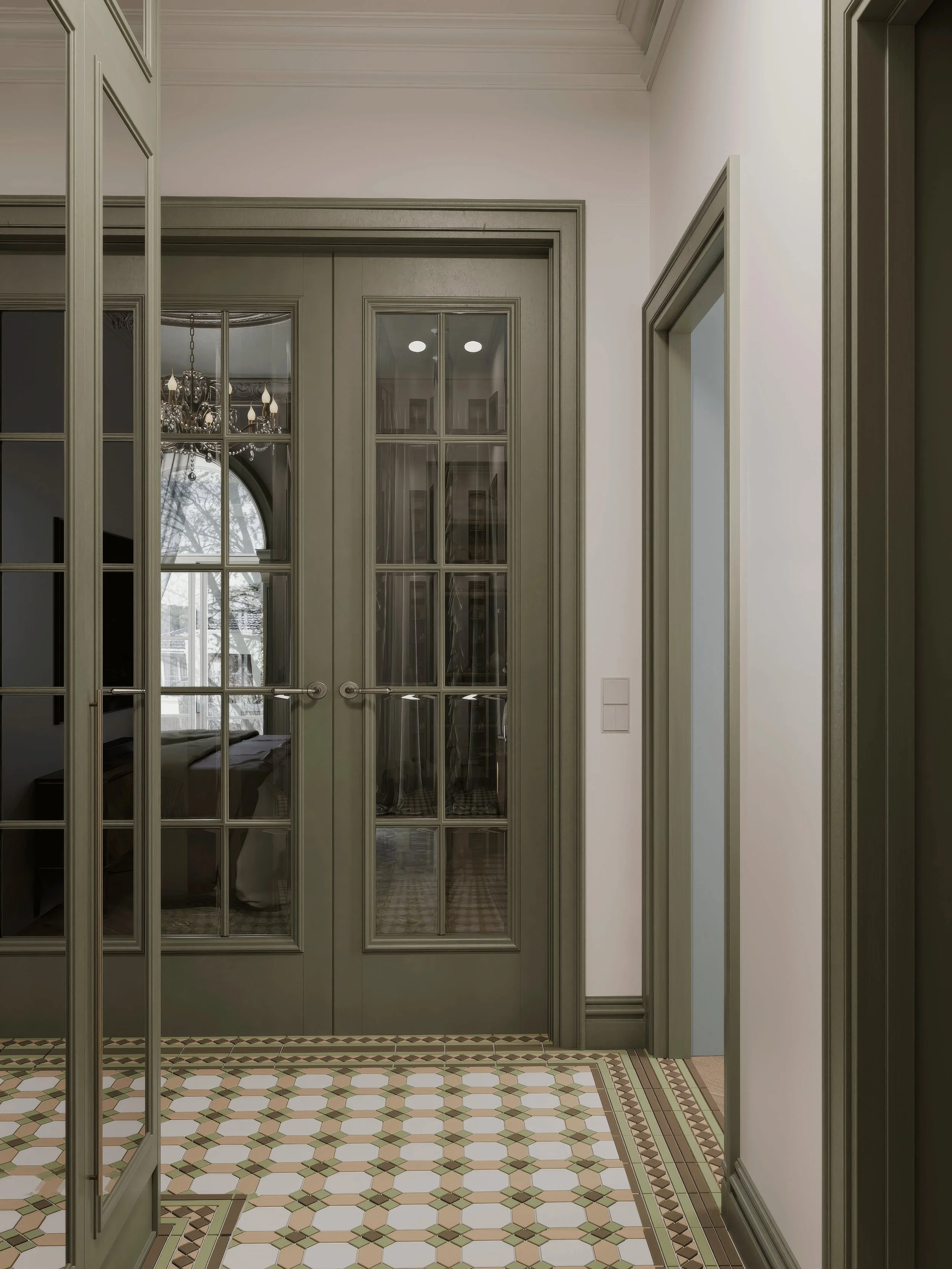Refined Entryway with Architectural Continuity
This transitional hallway showcases a harmonious palette and thoughtful detailing that ties the entire interior together. Custom-painted French doors in muted sage create a dramatic focal point while mai