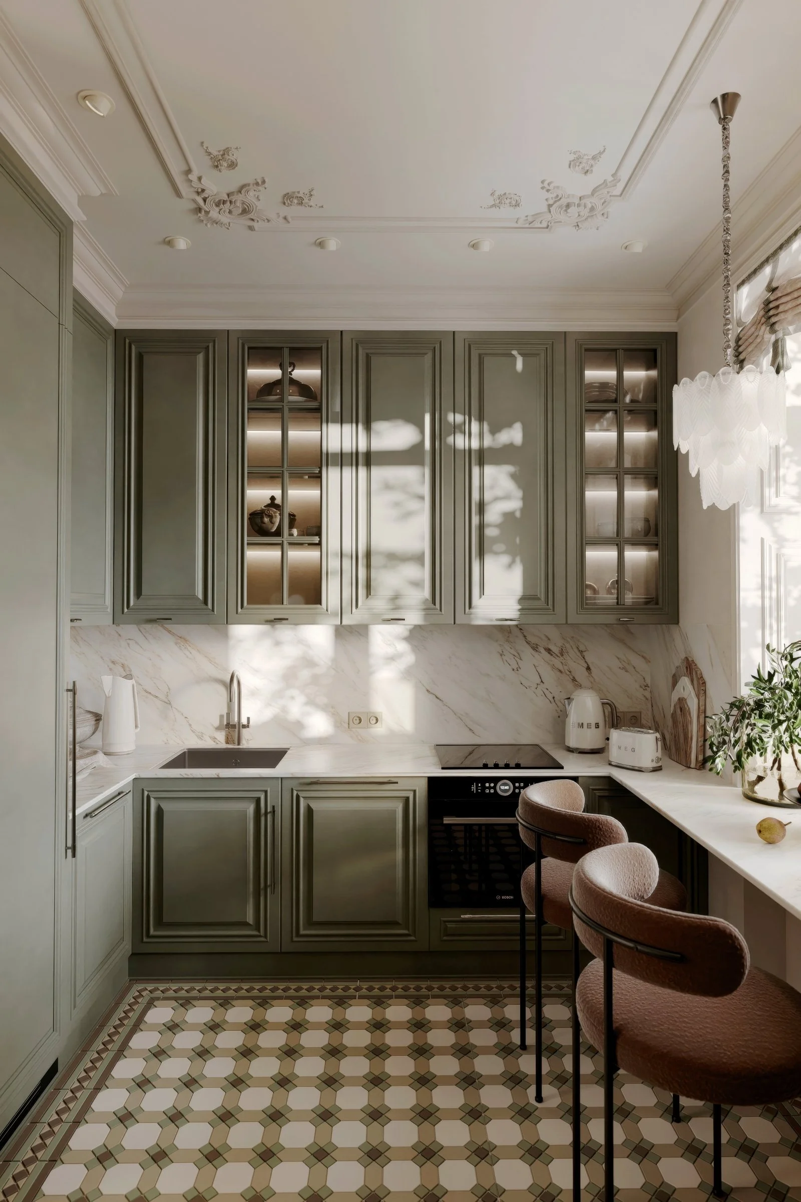 Elegant French-inspired kitchen by OG.KS Design in Pacific Heights, with custom paneled cabinetry, marble countertops, vintage-inspired lighting, and refined ceiling moldings.